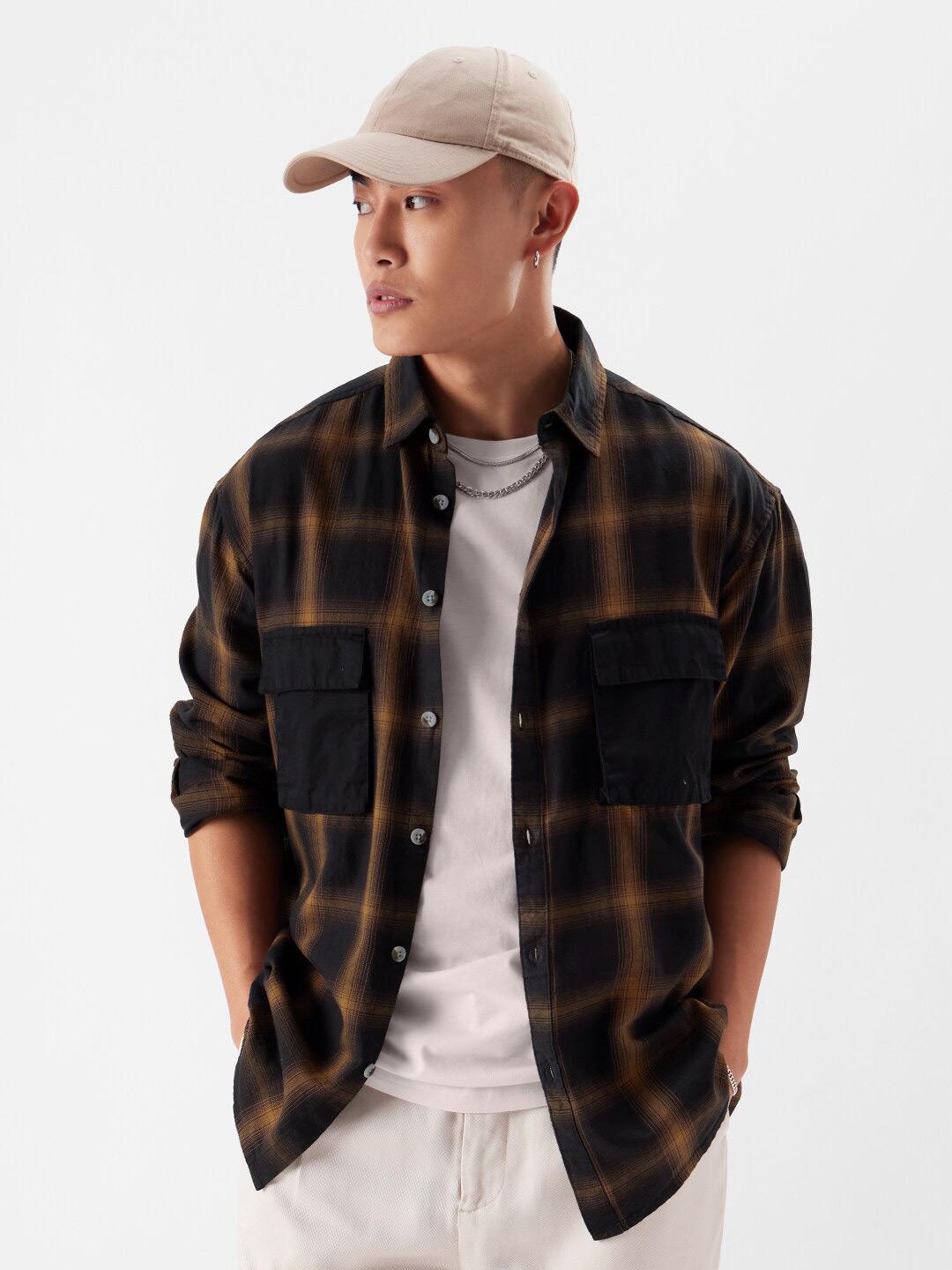 The Souled Store Men Black & Brown Checked Multicolor Oversized Utility Shirts