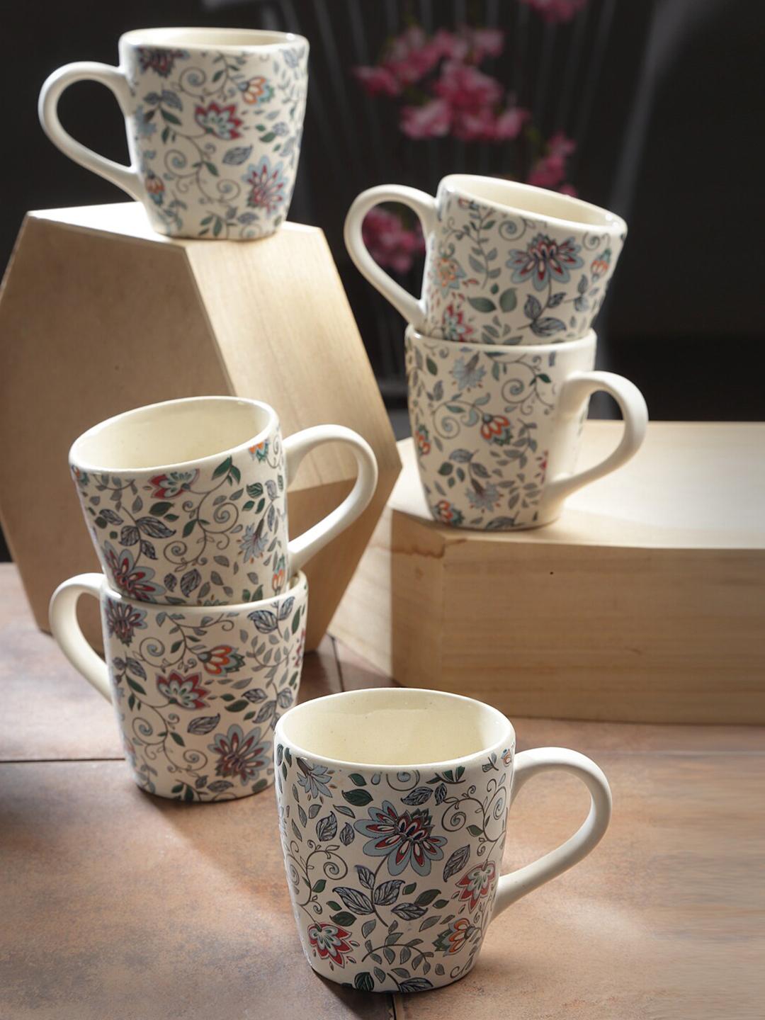 Buy Arrabi The Earth White Floral Stoneware Handcrafted 6 Piece Cups 220ml -  - Home for Unisex