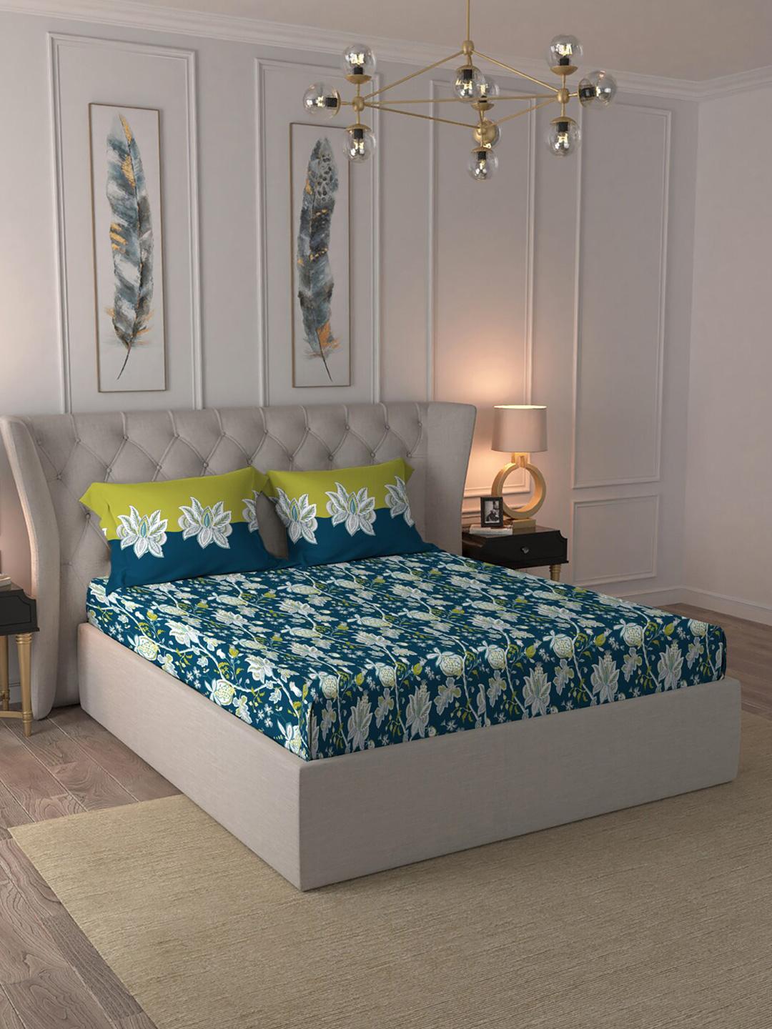 Buy MYTRIDENT Blue  White Floral Cotton 144 TC Queen Bedsheet With 2 Pillow Covers -  - Home for Unisex