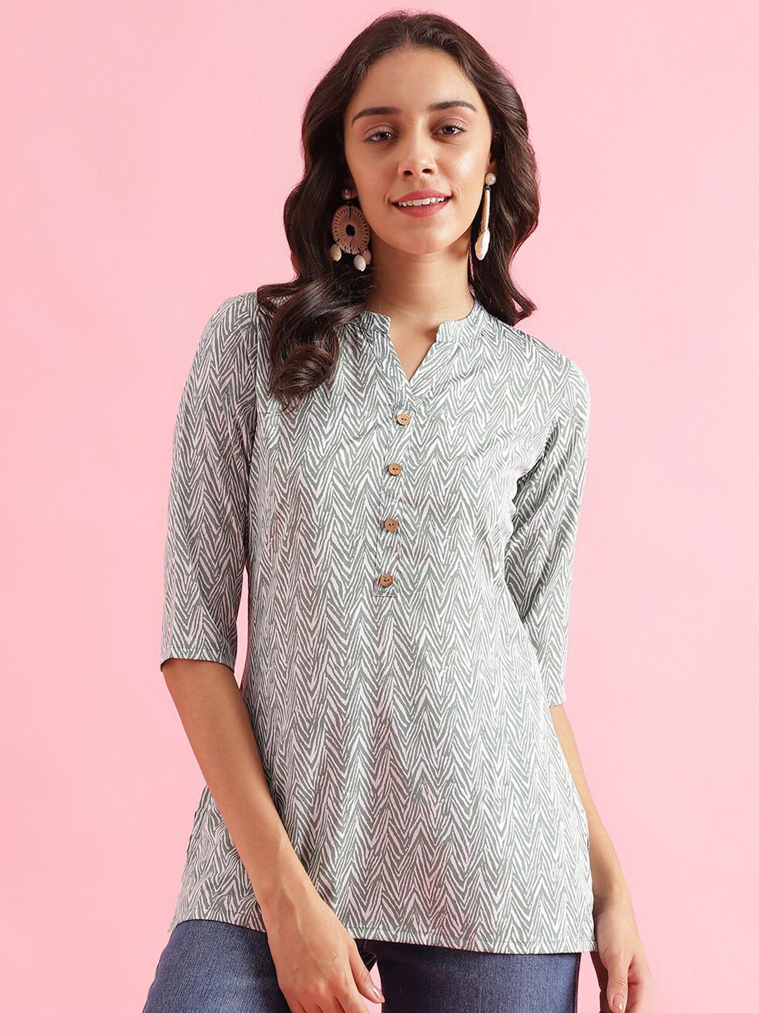 Buy Colors Of Earth Chevron Printed Mandarin Collar Straight Kurti ...