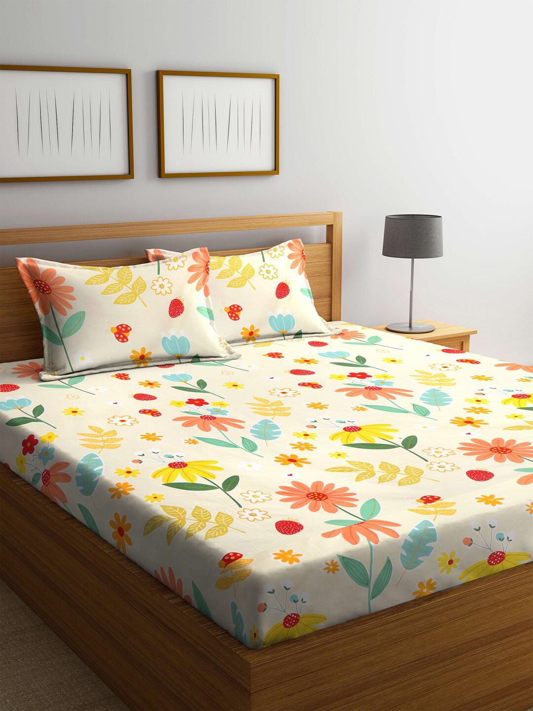 KLOTTHE White Floral Cotton 300 TC Fitted King Fine Bedsheet with 2 Pi