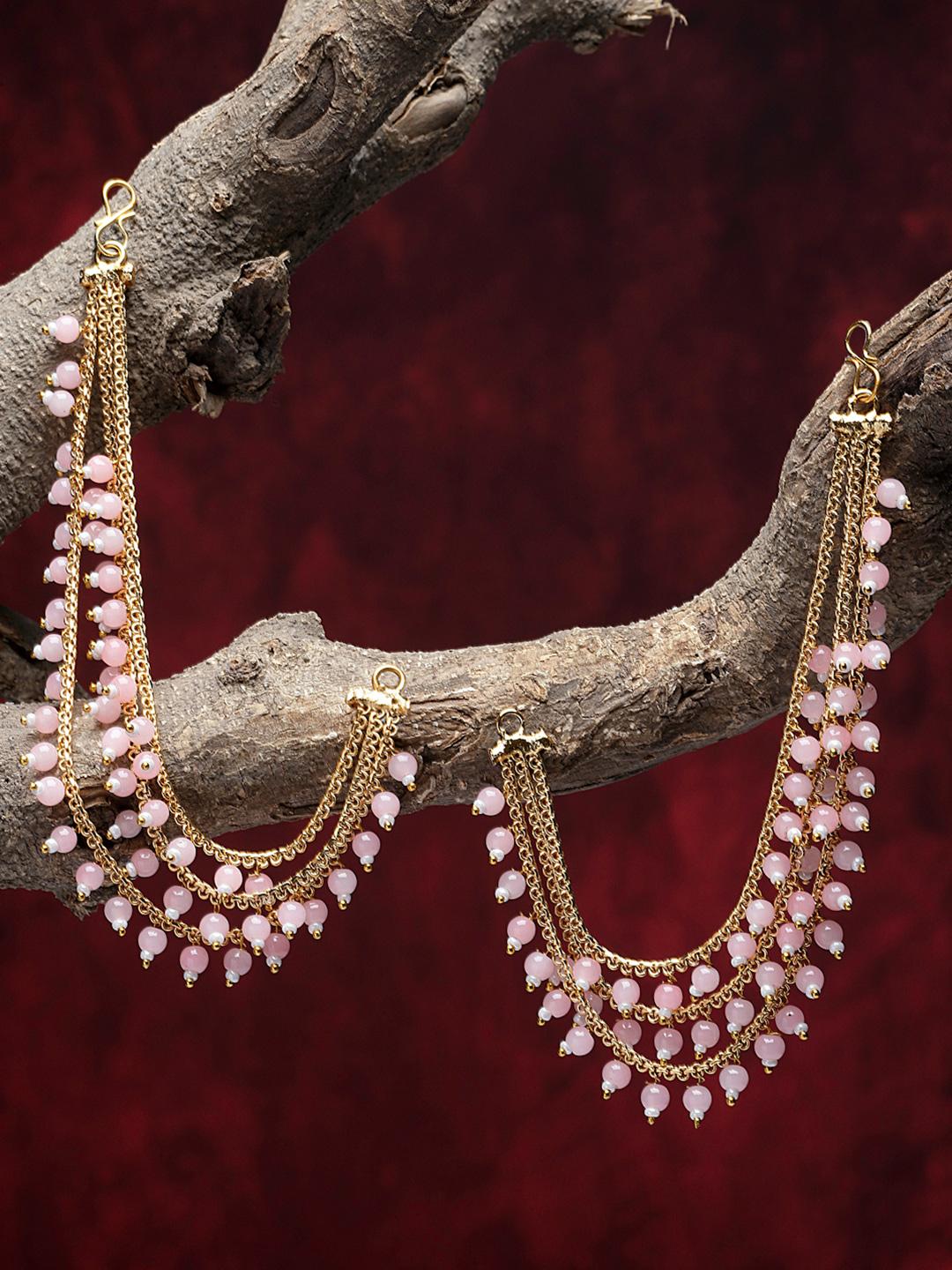 Buy ZENEME Gold Plated Classic Layered Pink Beads Ear Chain - - Accessories for Women