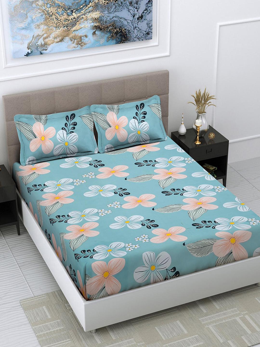 Buy FABINALIV Blue & Peach Coloured Printed 300 TC King Bedsheet With 2 Pillow Covers - - Home for Unisex