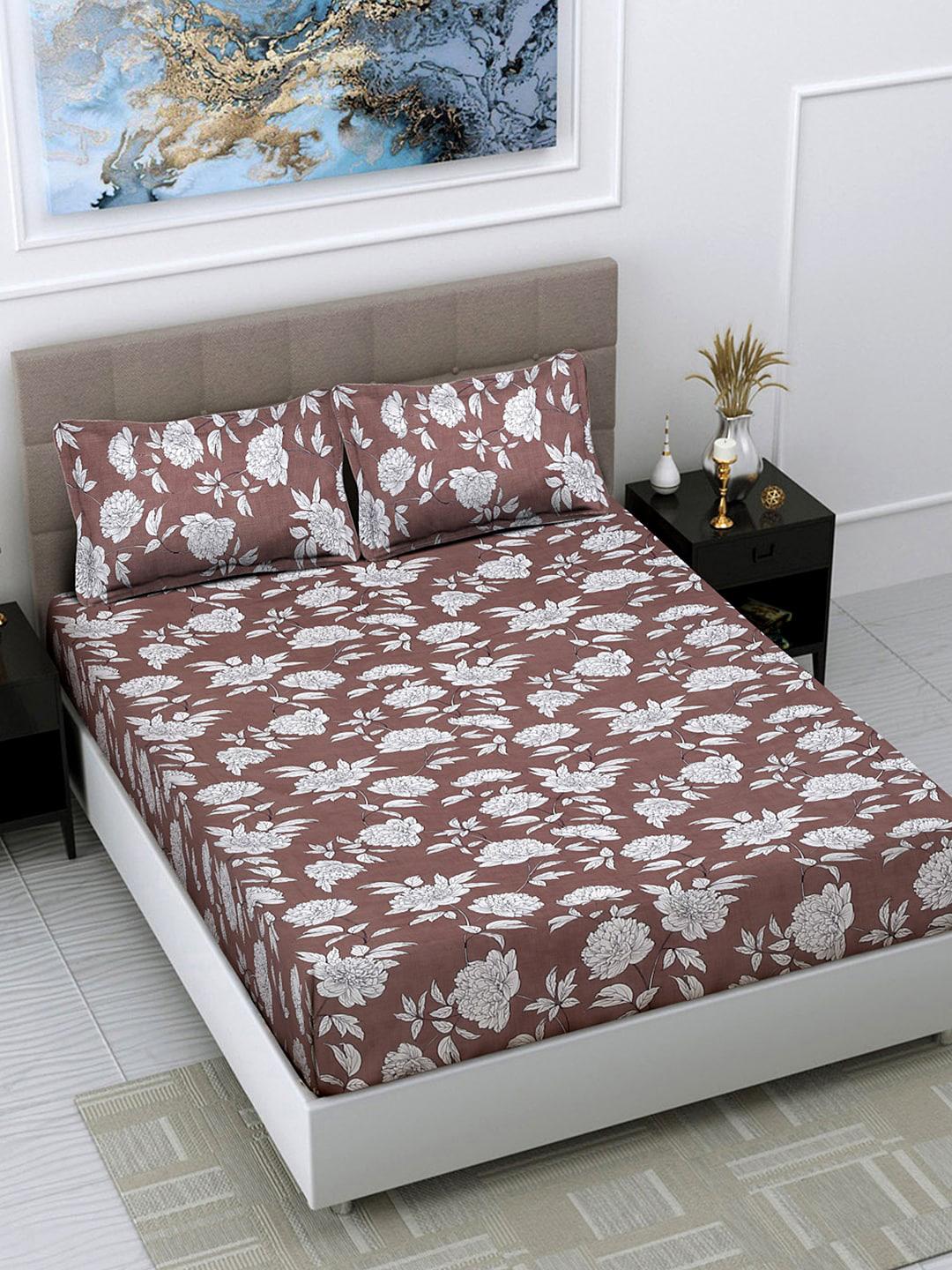 Buy FABINALIV Brown Floral Polycotton 300 TC King Fine Bedsheet With 2 Pillow Covers -  - Home for Unisex