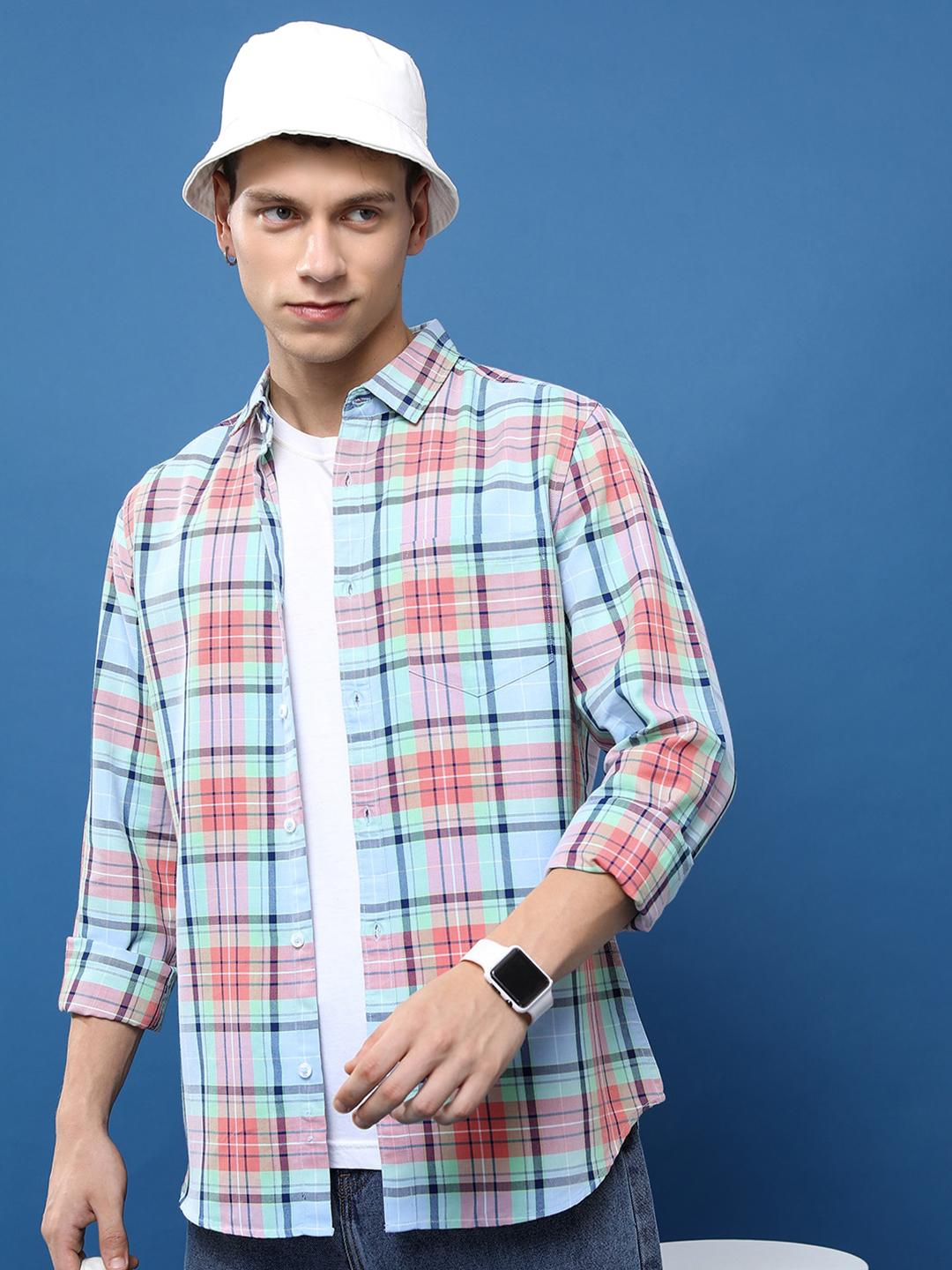 HIGHLANDER Slim Fit Tartan Checked Spread Collar Casual Shirt