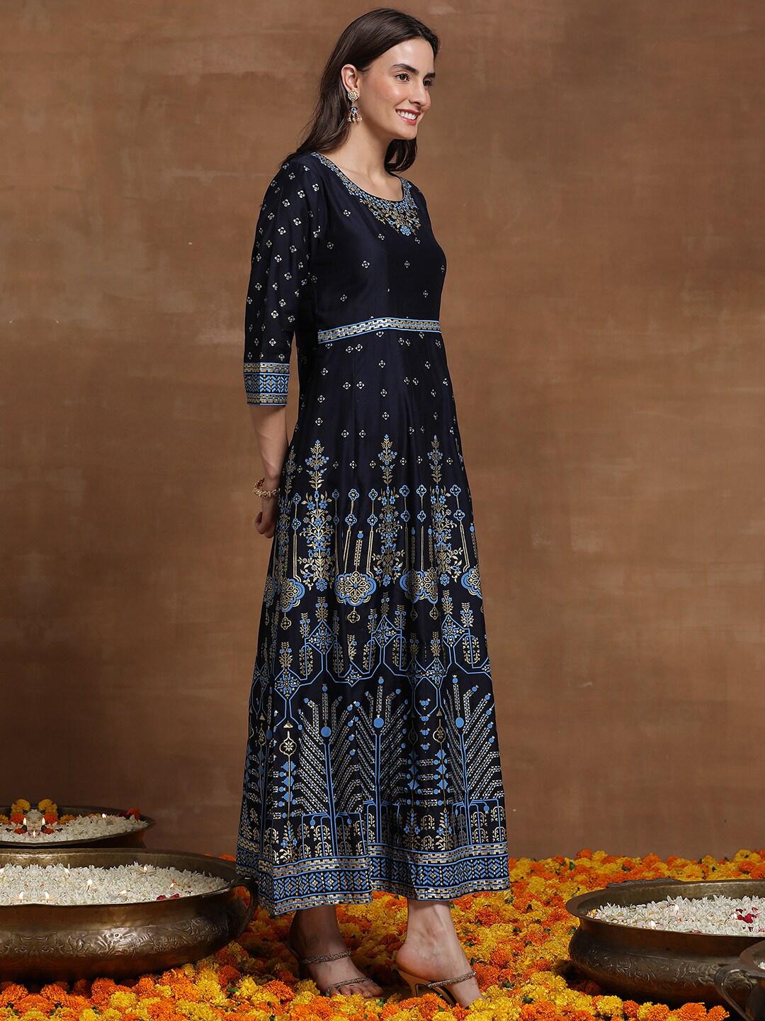 Blue Ethnic Motif Printed Liva Rayon A-Lined Tiered Dress With Belt