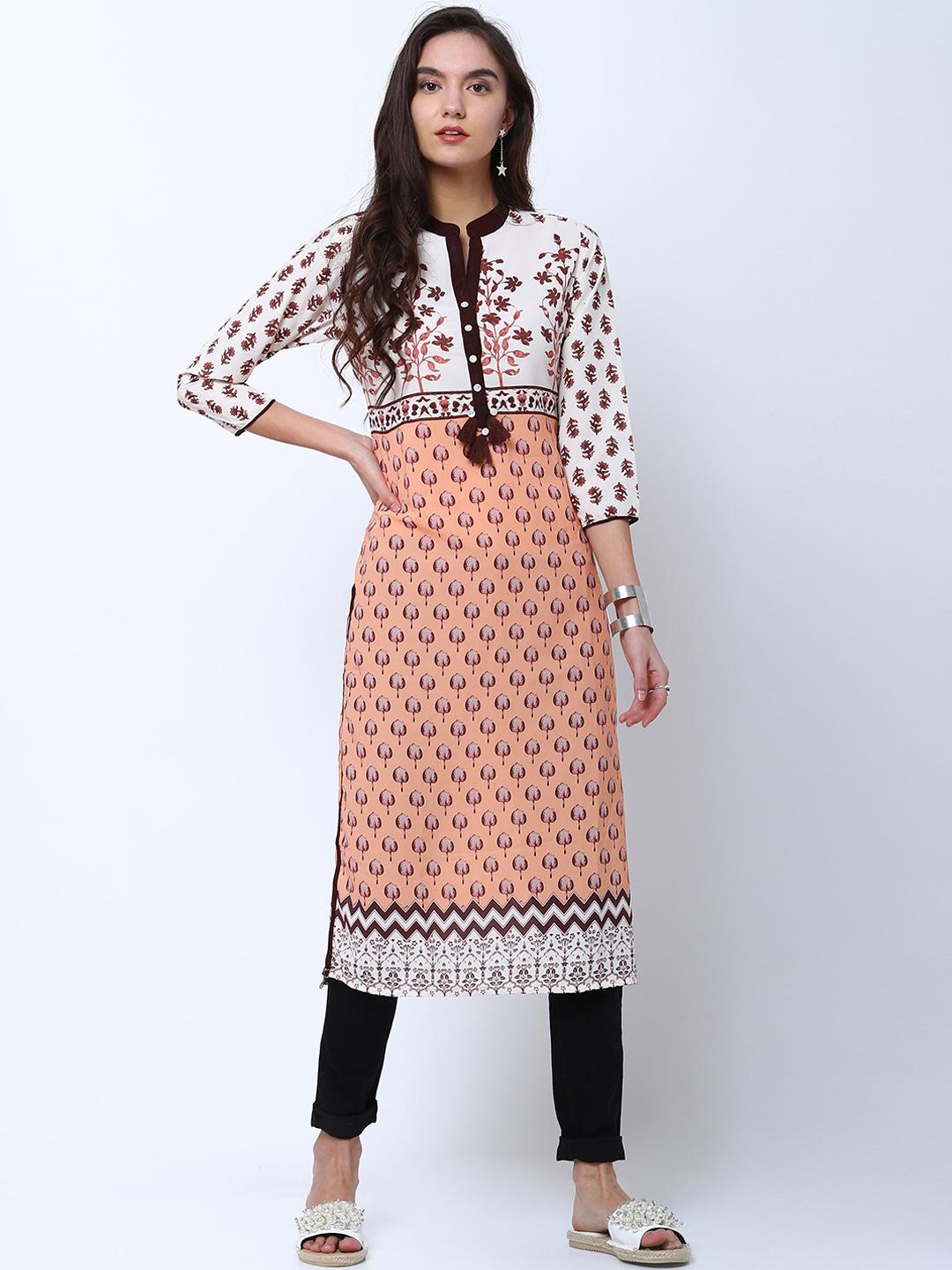 Women Peach-Coloured Printed Straight Kurta main image 0