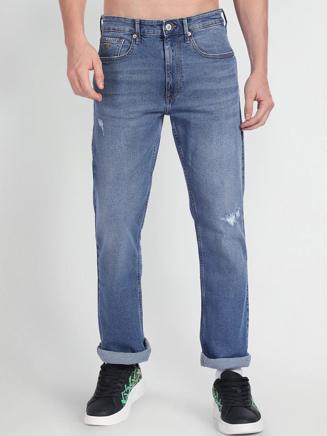 Flying Machine Men Bootcut Mildly Distressed Light Fade Stretchable Jeans