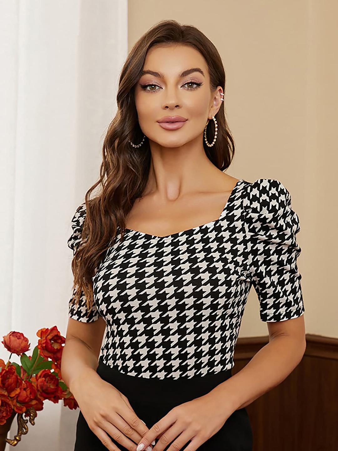 Women's Green Geometric Print Puff Sleeve Top