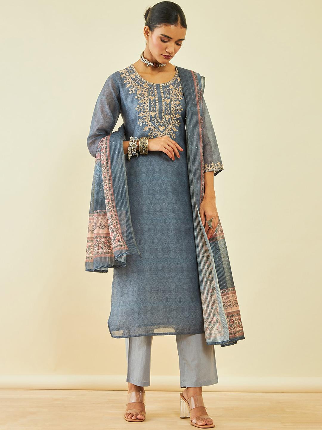 Women Grey Ethnic Motifs Regular Sequinned Kurta with Trousers & With Dupatta Set