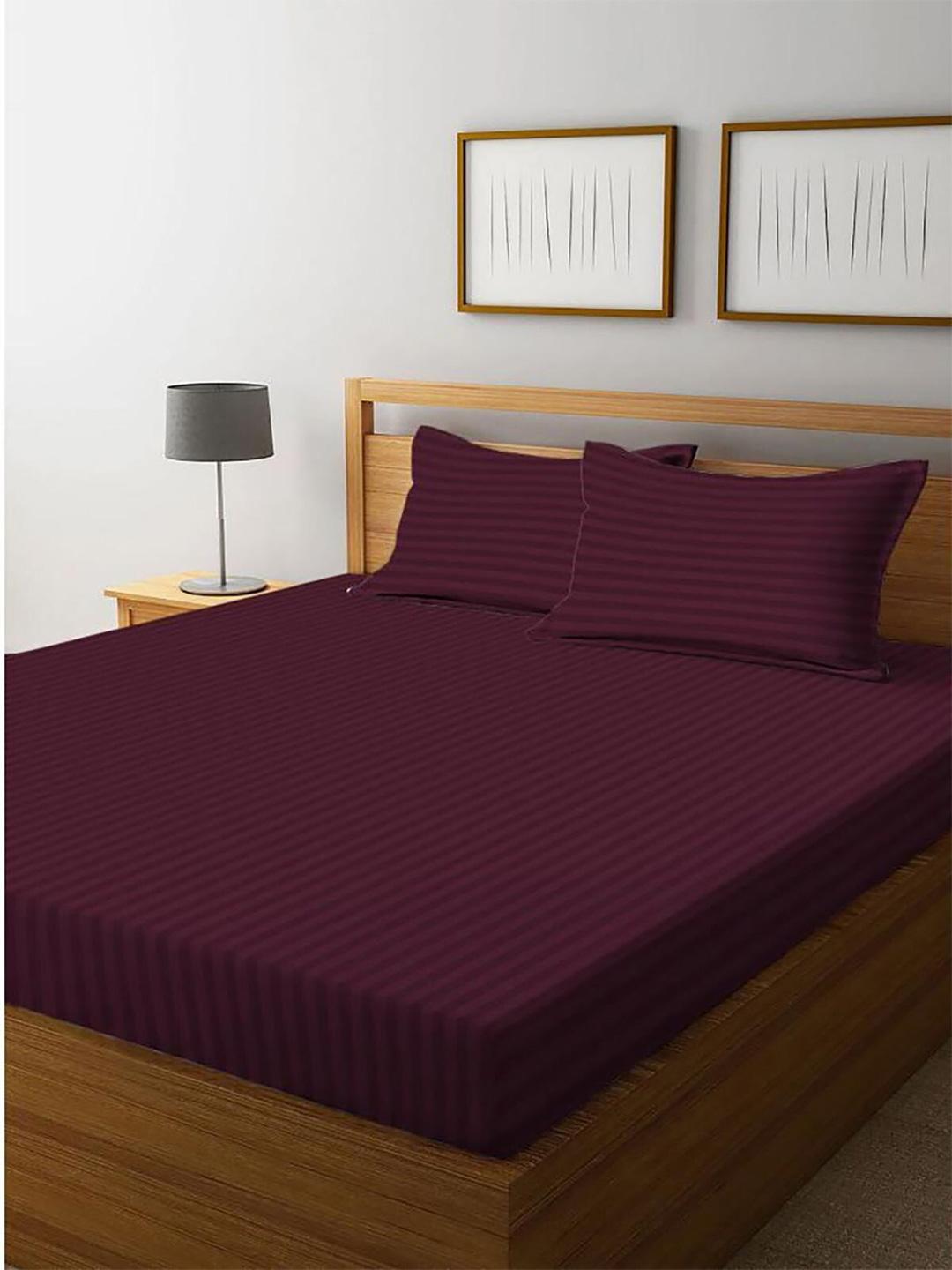 Buy HOMETALES Maroon Striped 120 TC Queen Bedsheet With 2 Pillow Covers ...