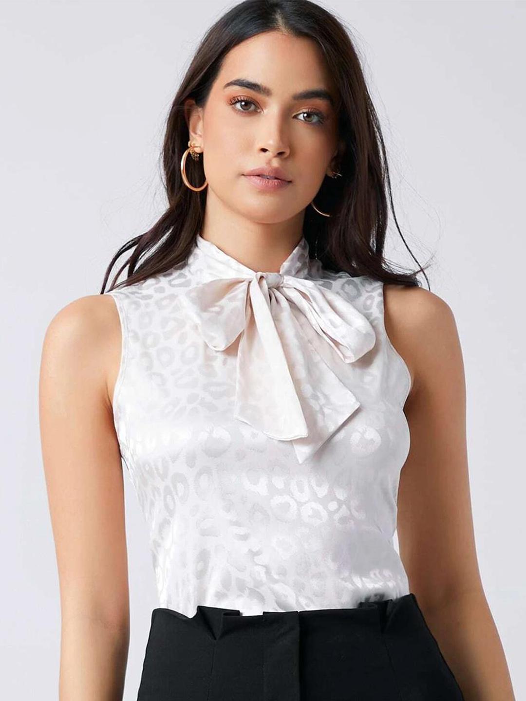Women's White Solid Tie-Up Neck Satin Top
