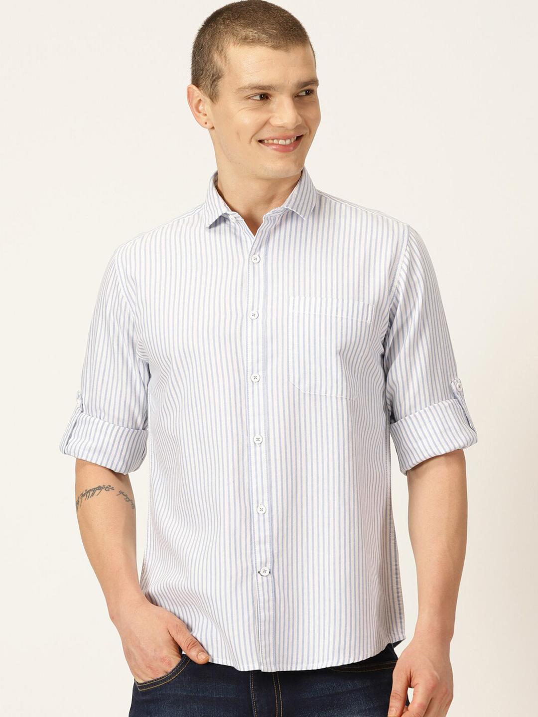 Mast & Harbour Blue Classic Slim Fit Striped Printed Spread Collar Cotton Casual Shirt