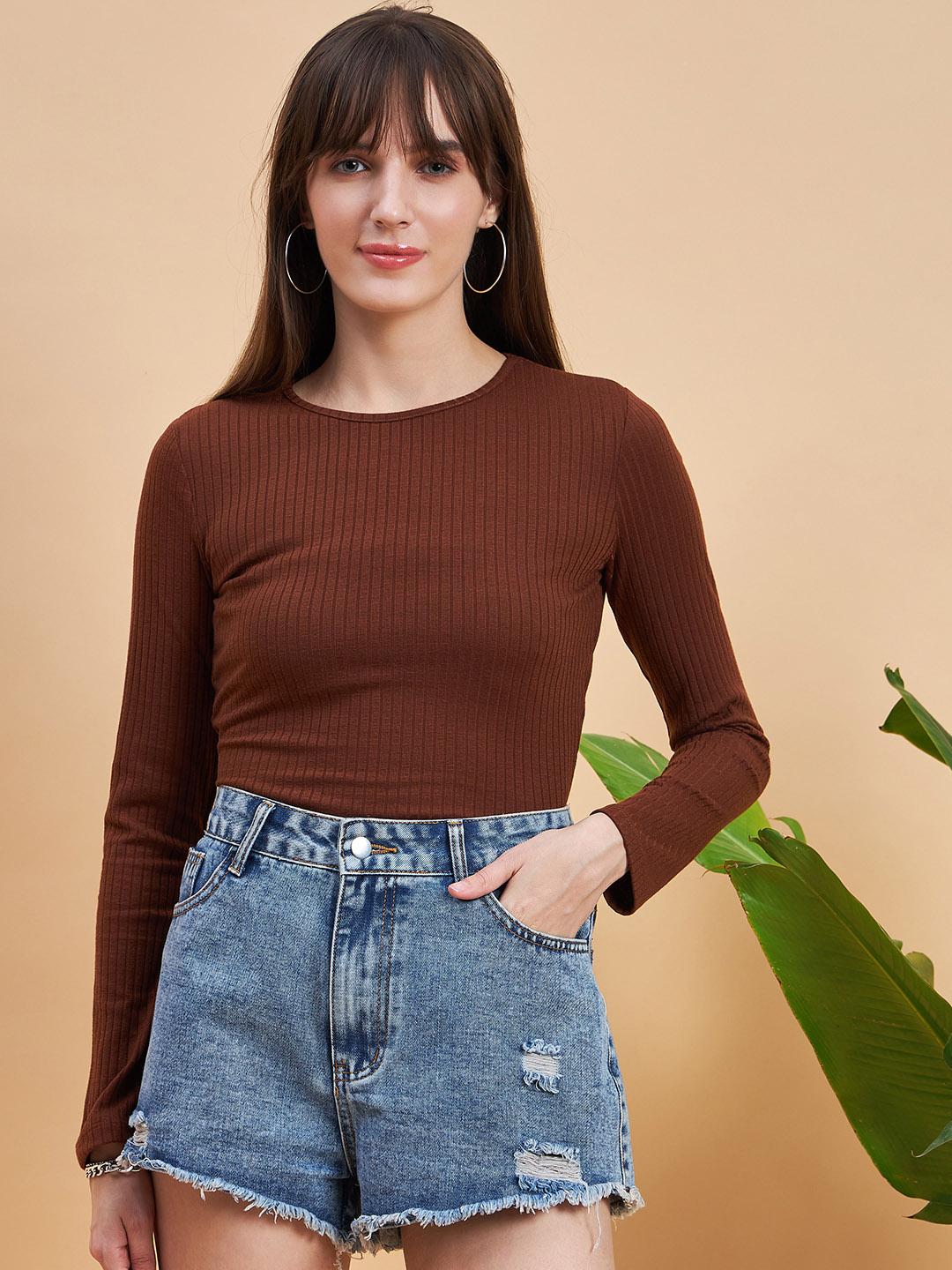 Ribbed Round Neck Long Sleeve T-Shirt