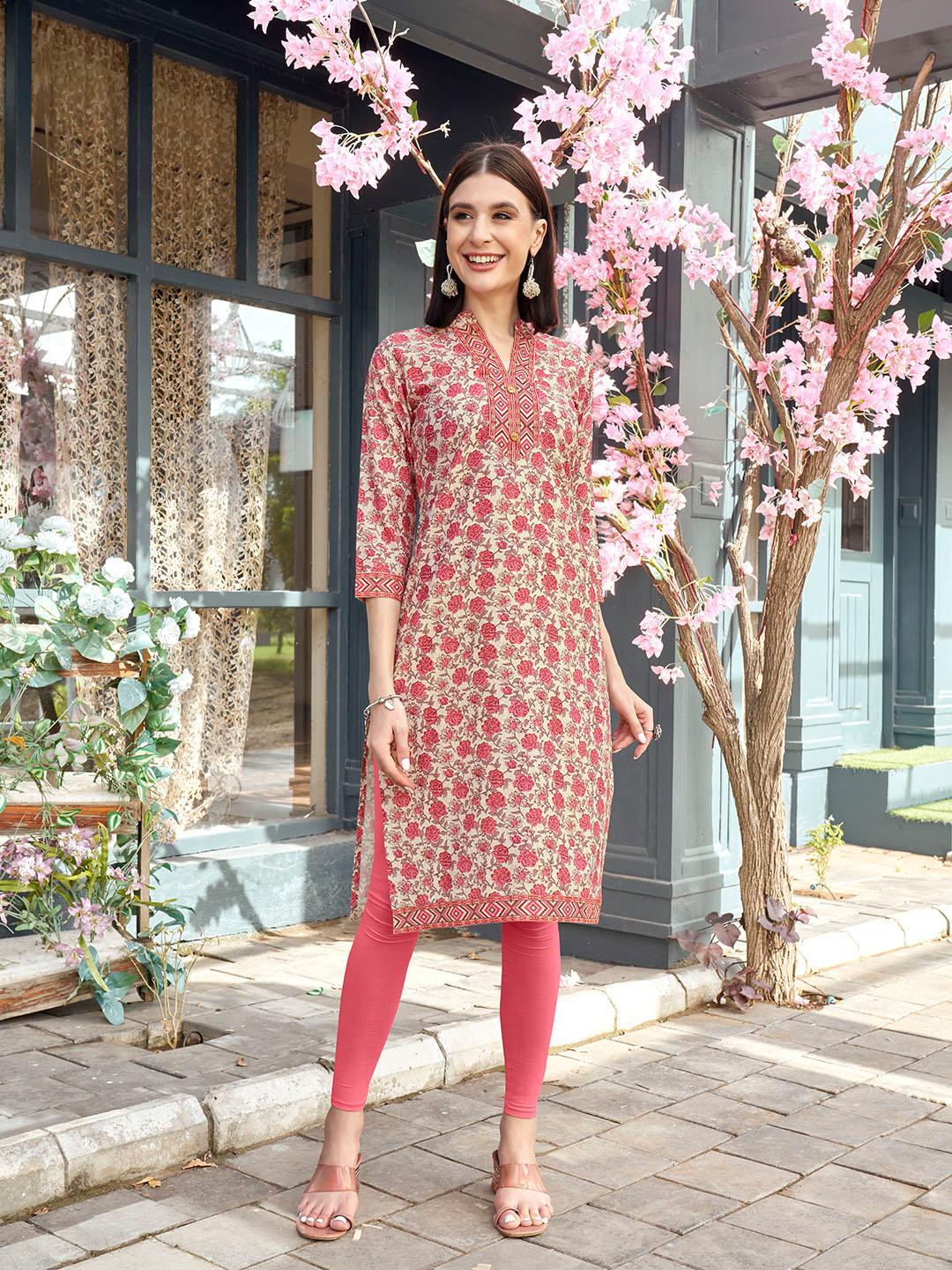 Women's Brown Floral Printed Mandarin Collar Cotton Straight Kurta
