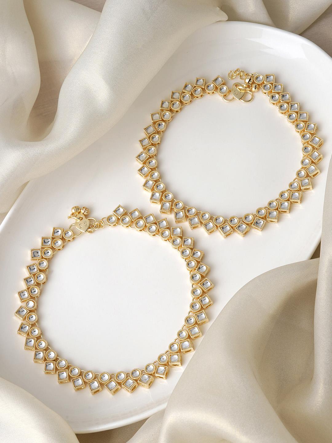 Buy TEEJH Set Of 2 Gold Plated Stone Studded Pearl Anklets - - Accessories for Women