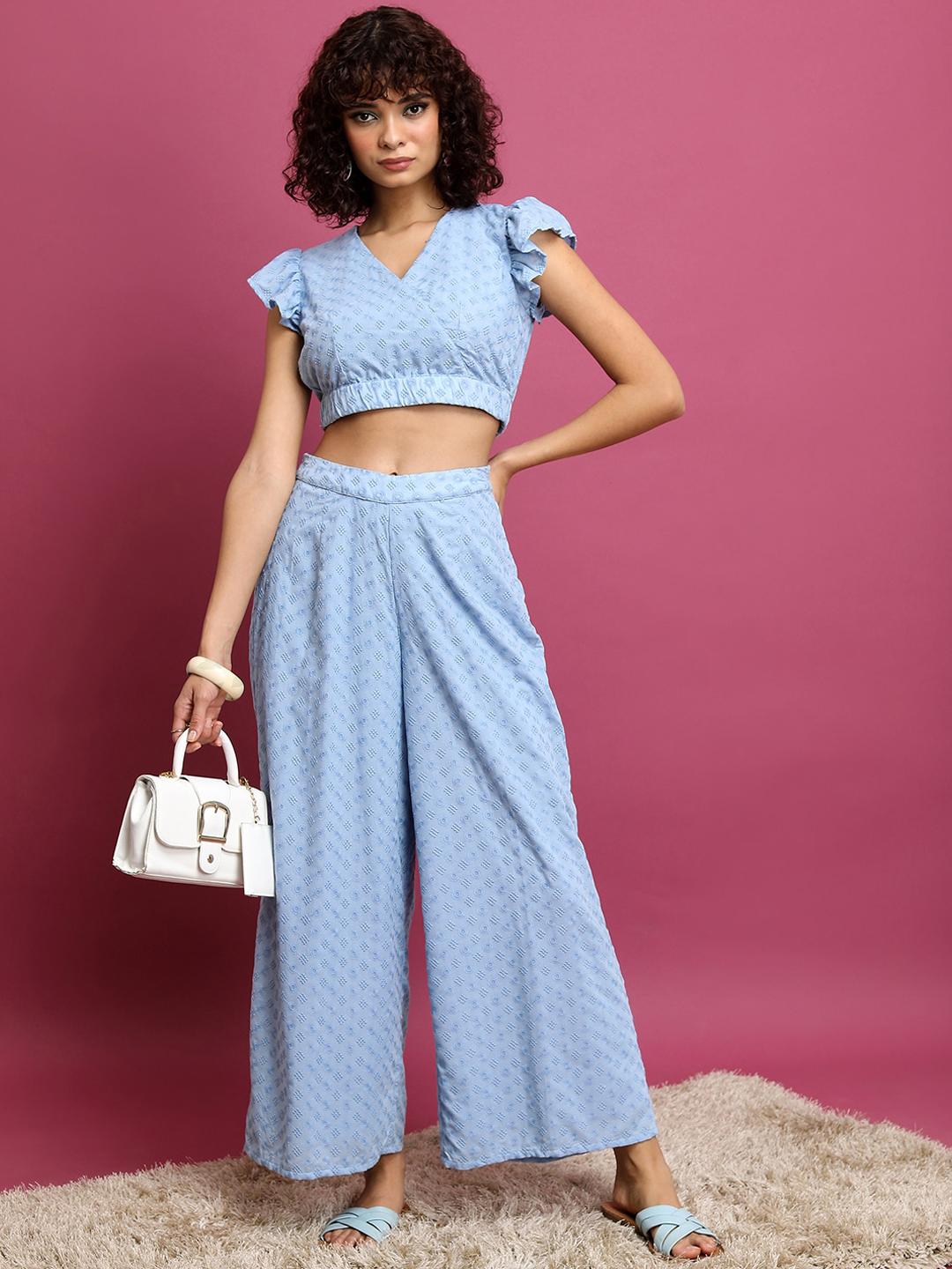 Buy Vishudh Blue Embroidered V Neck Crop Top With Embroidered Palazzo -  - Apparel for Women