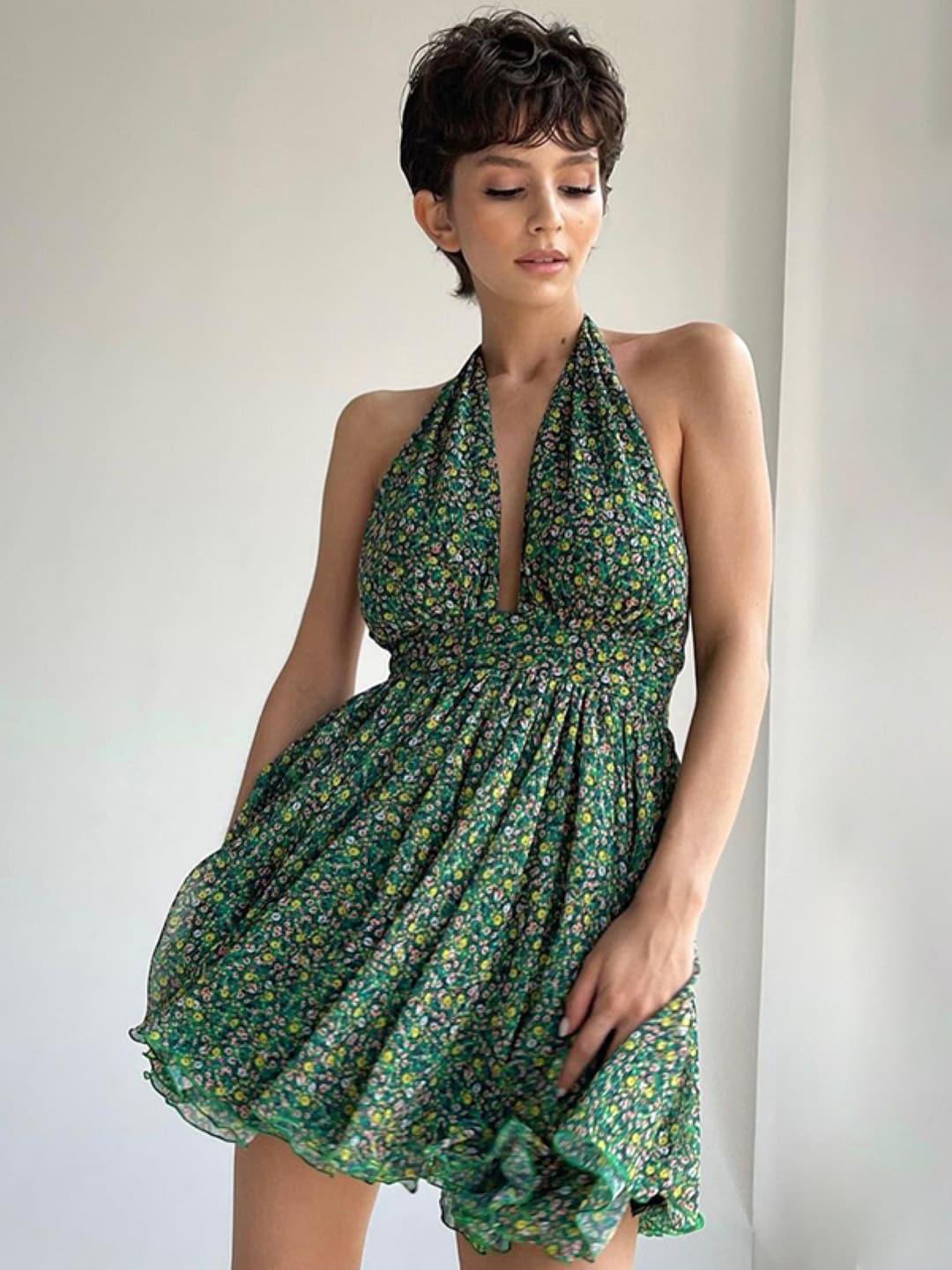 Black and green floral printed Fit and Flare Dress