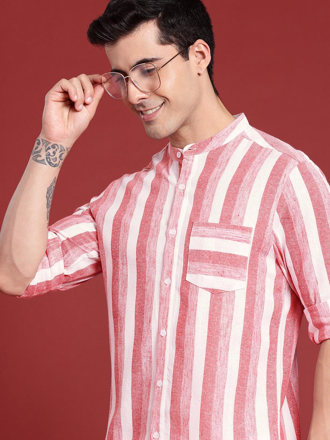 Anouk Horizontal Striped Band-Collar Casual Shirt
