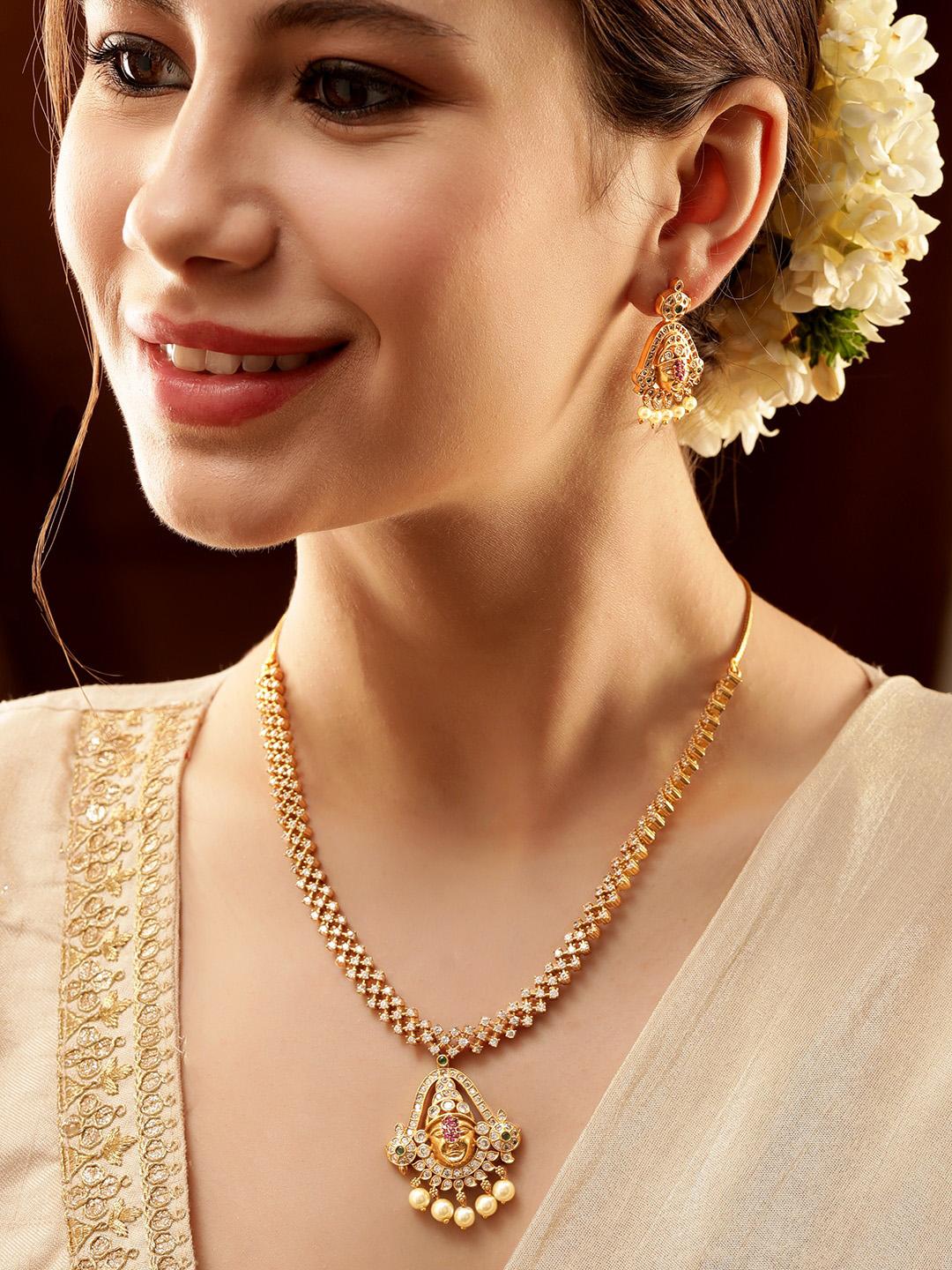 Buy Rubans Gold Plated American Diamond Studded & Pearl Beaded Temple Jewellery Set -  - Accessories for Women