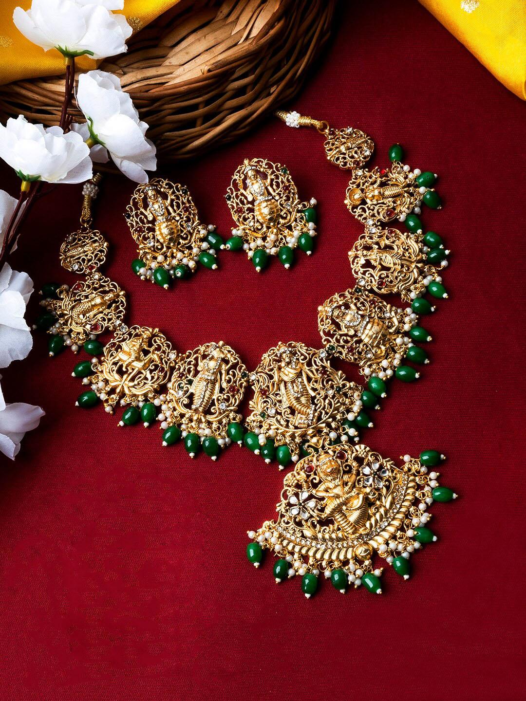 NVR Women's Set Of 2 Green & Red Stone Studded & Beaded Gold-Polished Temple Jewellery Set main image 0