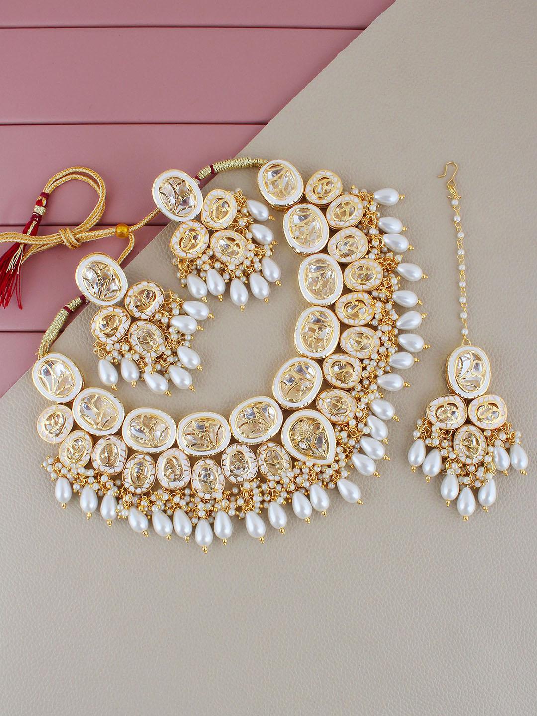 Buy LUCKY JEWELLERY White Gold Plated Kundan Studded & Beaded Choker Set - - Accessories for Women