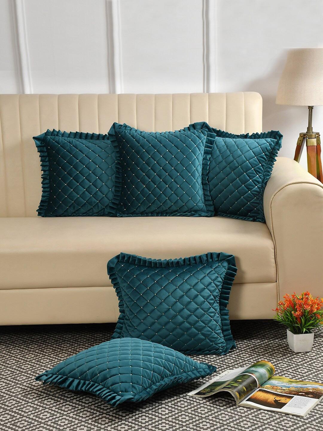 Buy HOSTA HOMES Blue 5 Pieces Checked Velvet Square Cushion Covers -  - Home for Unisex