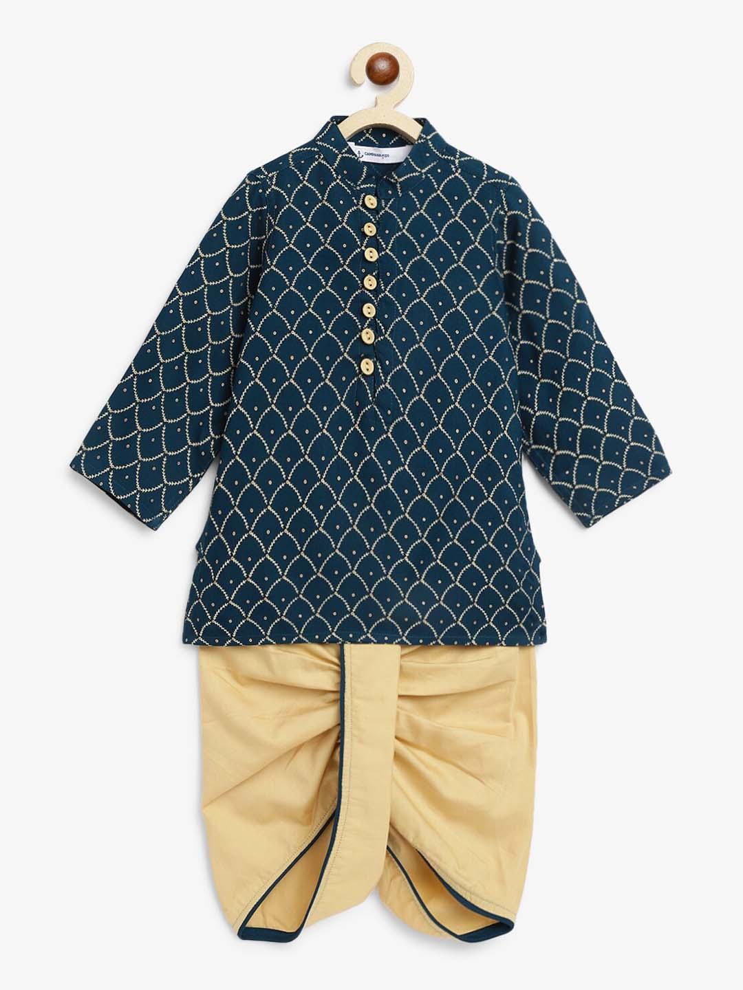 Campana Boys Mehul Dhoti Kurta Set - Burfi Pattern - Green & Blue