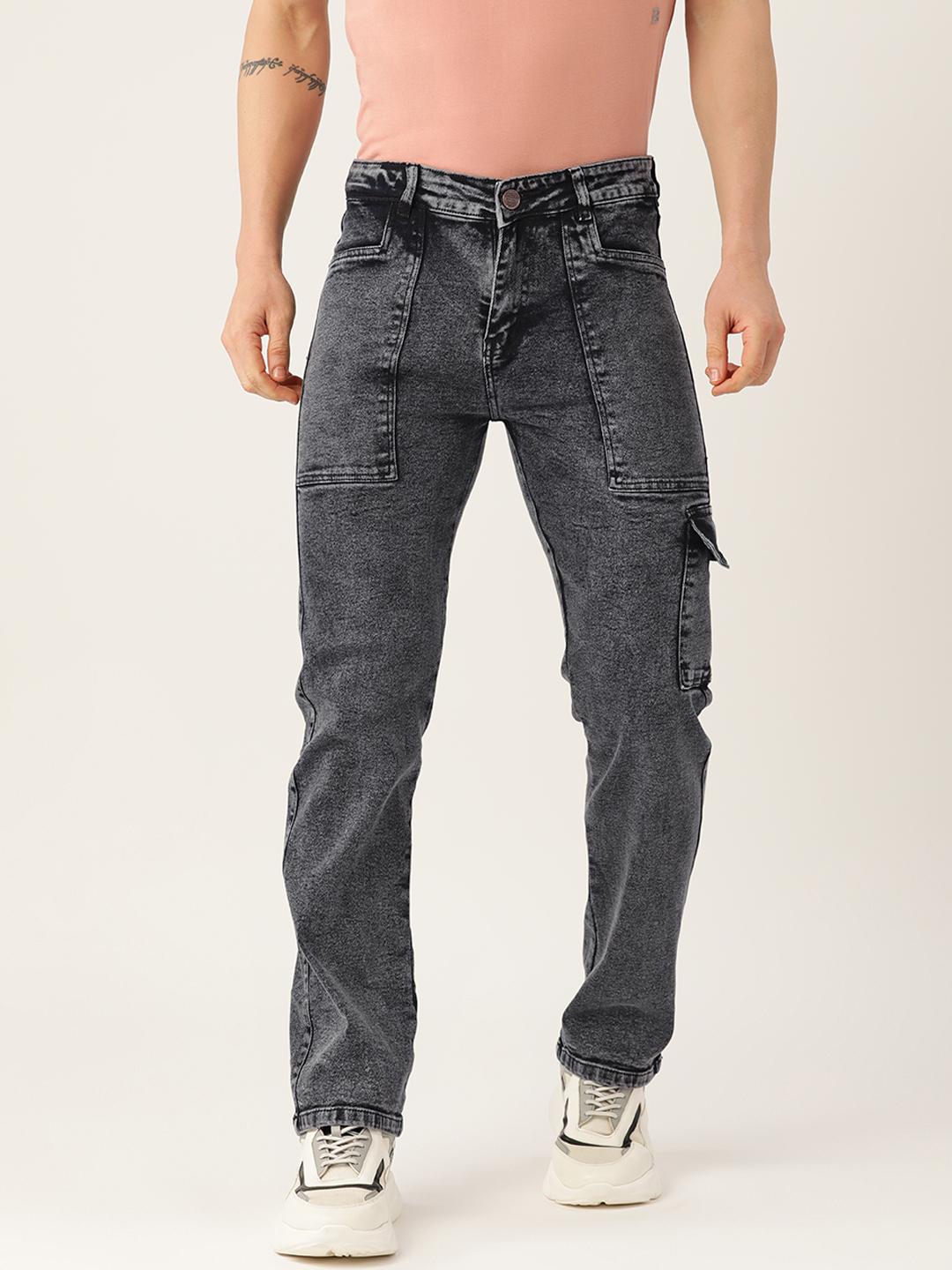 PARIS HAMILTON Men Relaxed Fit Heavy Fade Acid Wash Stretchable Cargo Jeans
