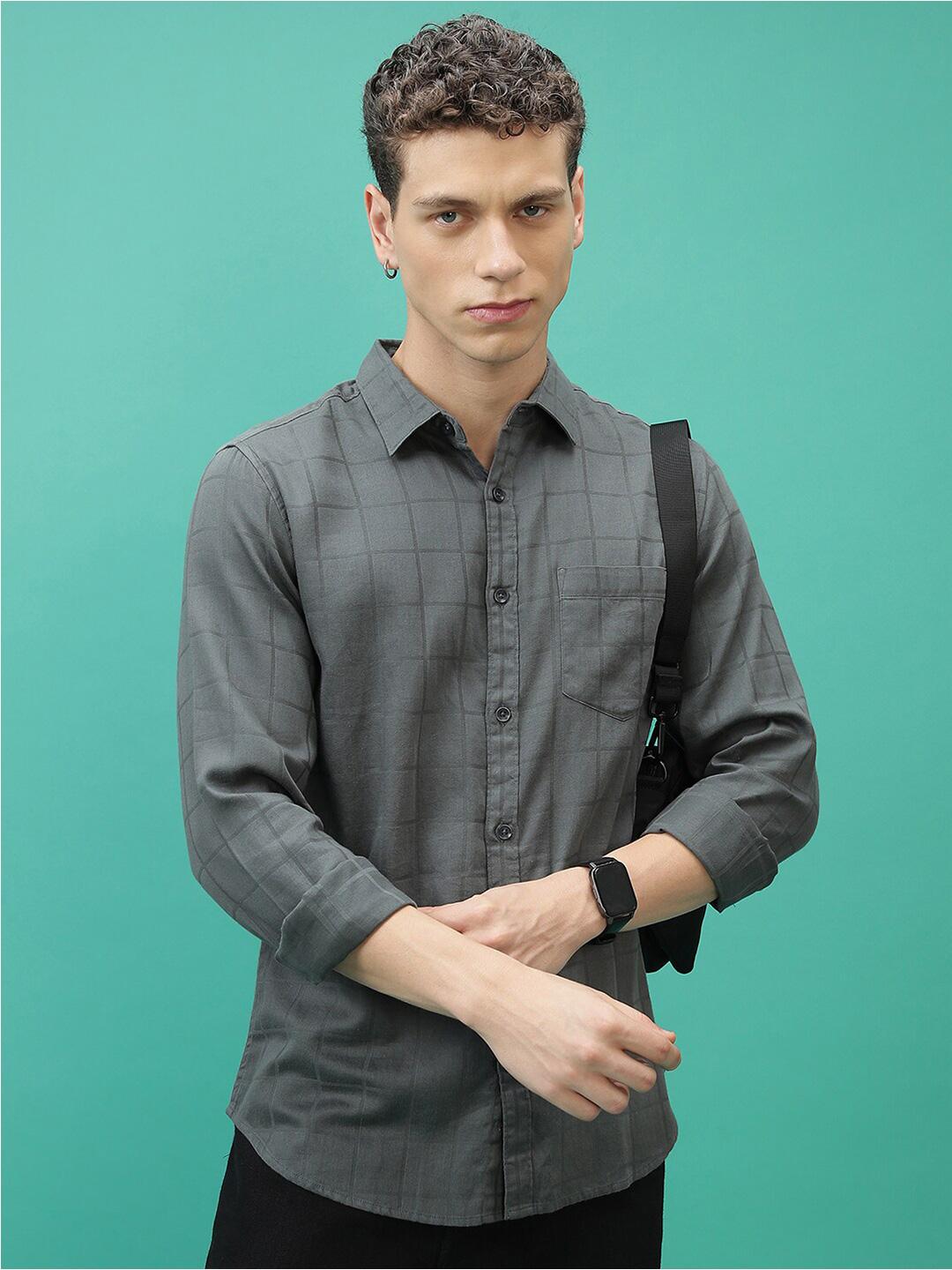 HIGHLANDER Slim Fit Windowpane Checks Cotton Casual Shirt
