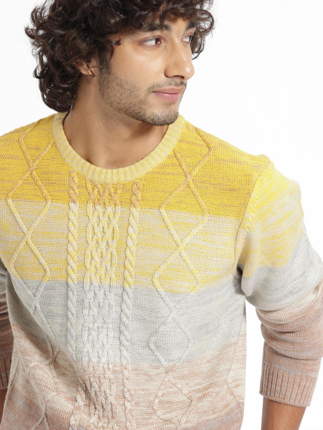 Buy RARE RABBIT Men Mustard Grindle Crew Neck Cable Knit Cotton Sweater ...