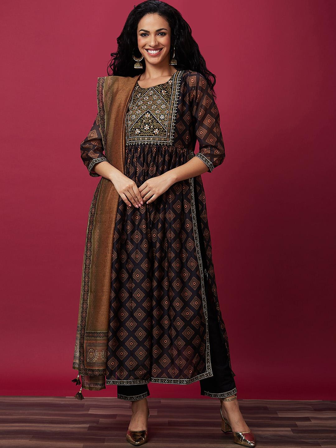 Women's Brown Ethnic Motifs Printed Empire Thread Work Kurta Sets