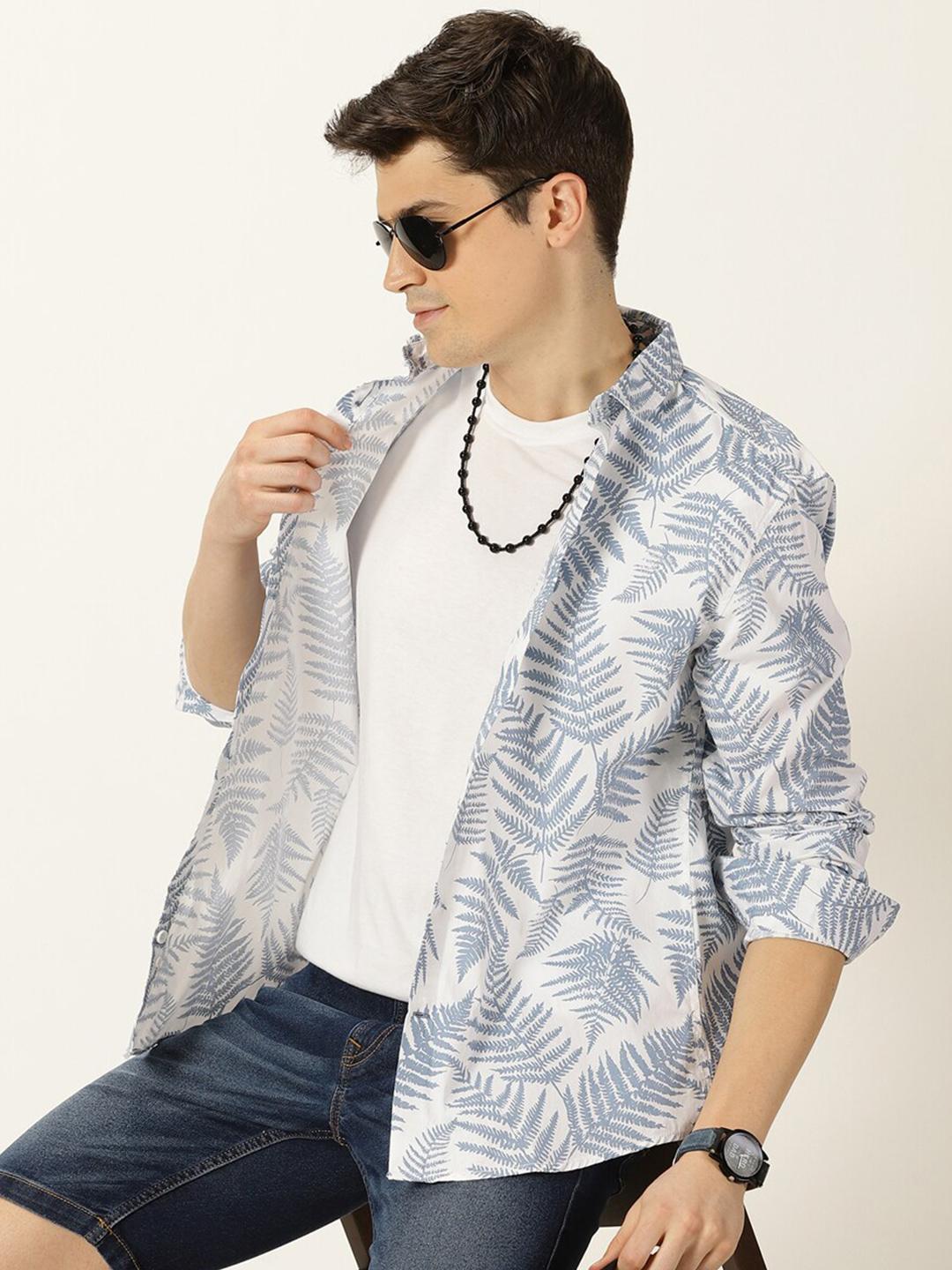 Mast & Harbour White Classic Slim Fit Tropical Printed Cotton Casual Shirt