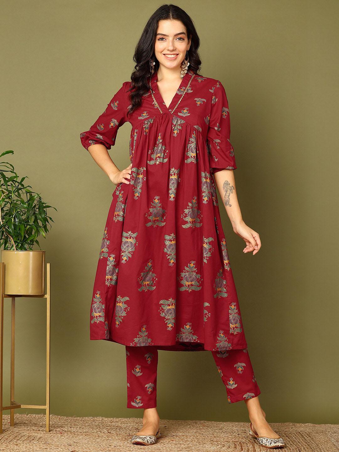 Women Red Ethnic Motifs Printed Pure Cotton Kurta Set