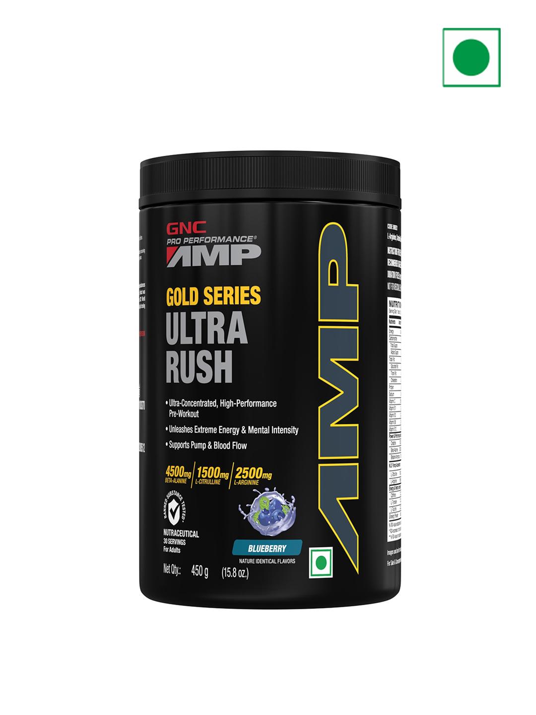 Buy GNC AMP Blue Rasberry Flavoured Gold Series Ultra Rush 450 Gms ...