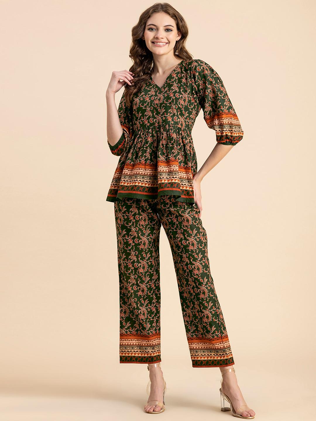 Buy Moomaya Floral Printed V Neck Pure Cotton Top With Trouser - - Apparel for Women