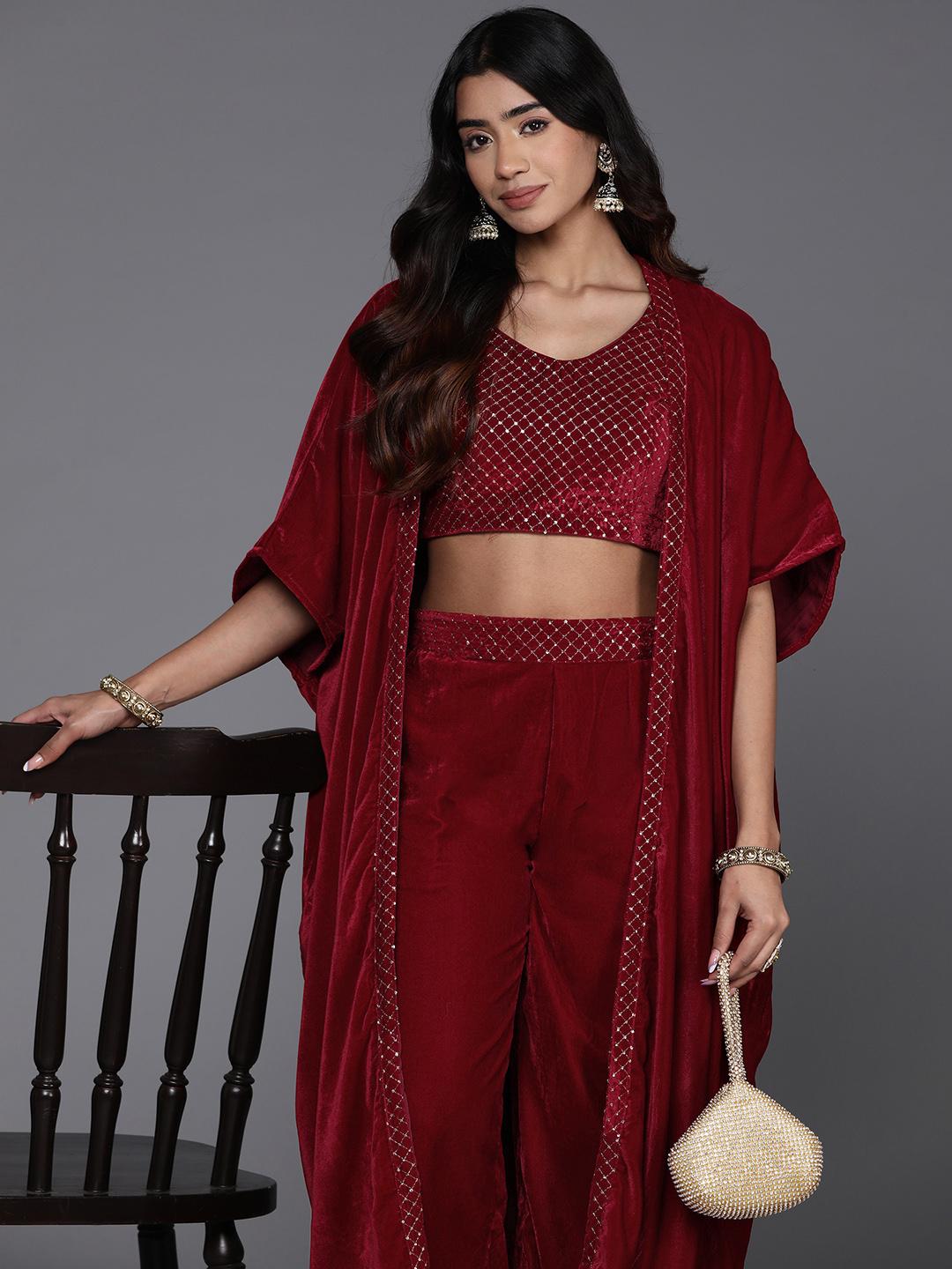 Gerua By Libas Embroidered Crop Top with Palazzos & Shrug