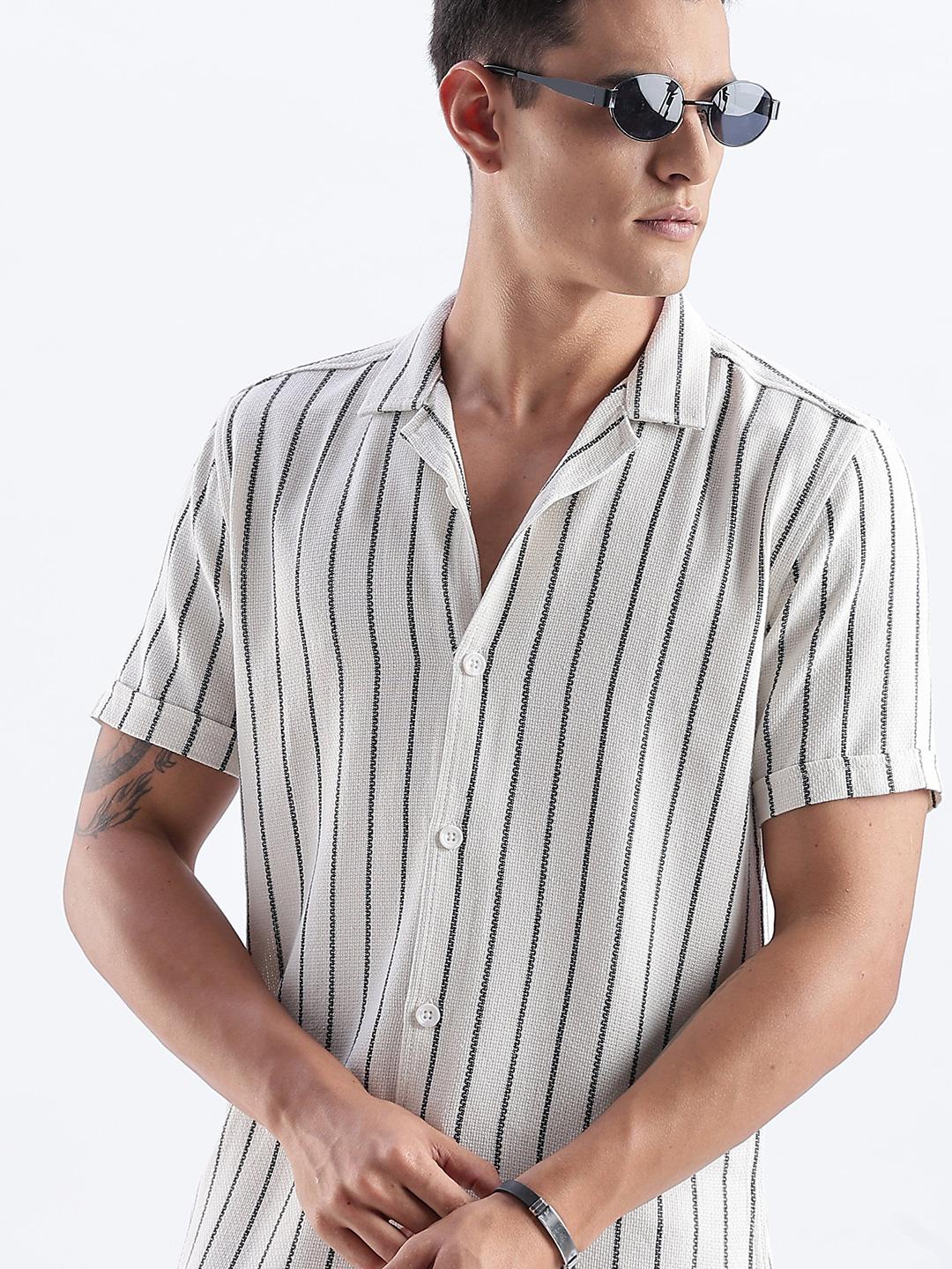 HERE&NOW Slim Fit Vertical Striped Cuban Collar Cotton Casual Shirt