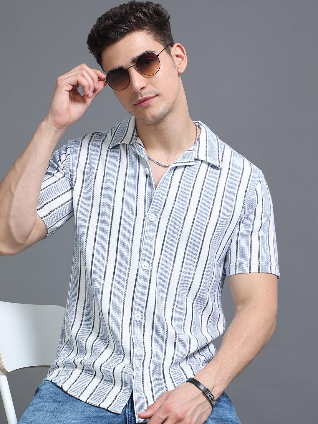 HERE&NOW Striped Spread Collar Slim Fit Cotton Casual Shirt