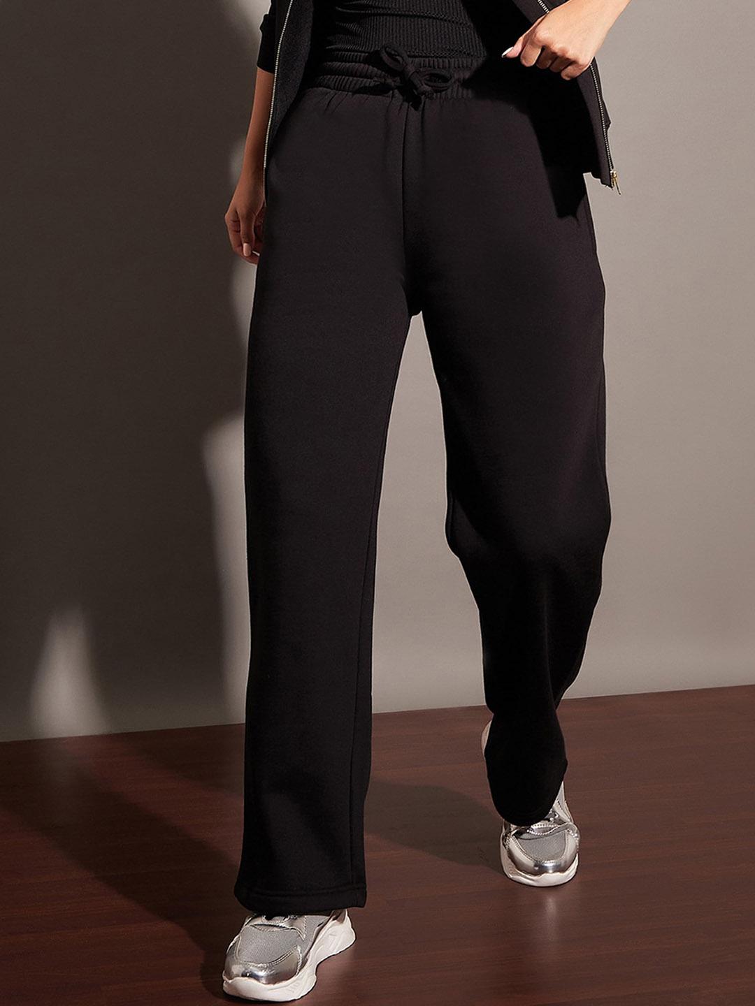 Women's Black Mid-Rise Cotton Track Pants