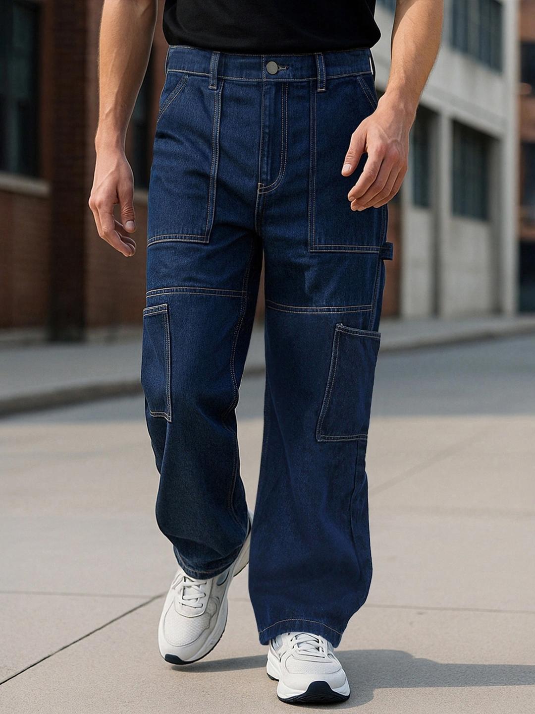 Bewakoof Men's Blue Baggy Carpenter Mid-Rise Jeans