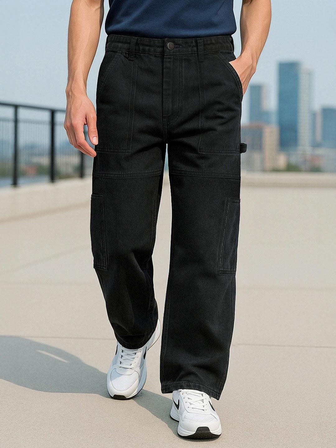 Bewakoof Men's Black Baggy Carpenter Mid-Rise Jeans