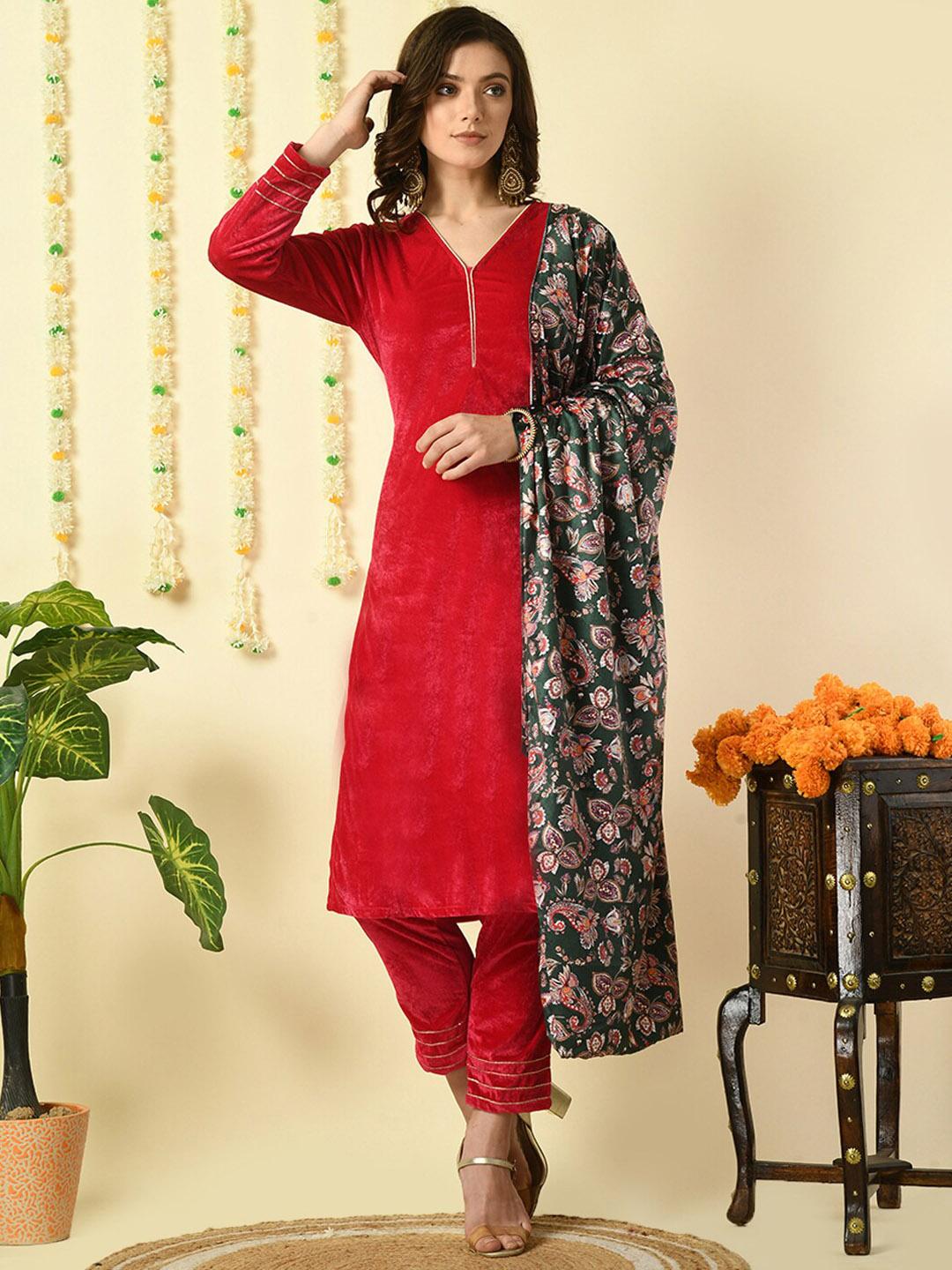 Multicoloured Printed Velvet Straight Kurta With Dupatta