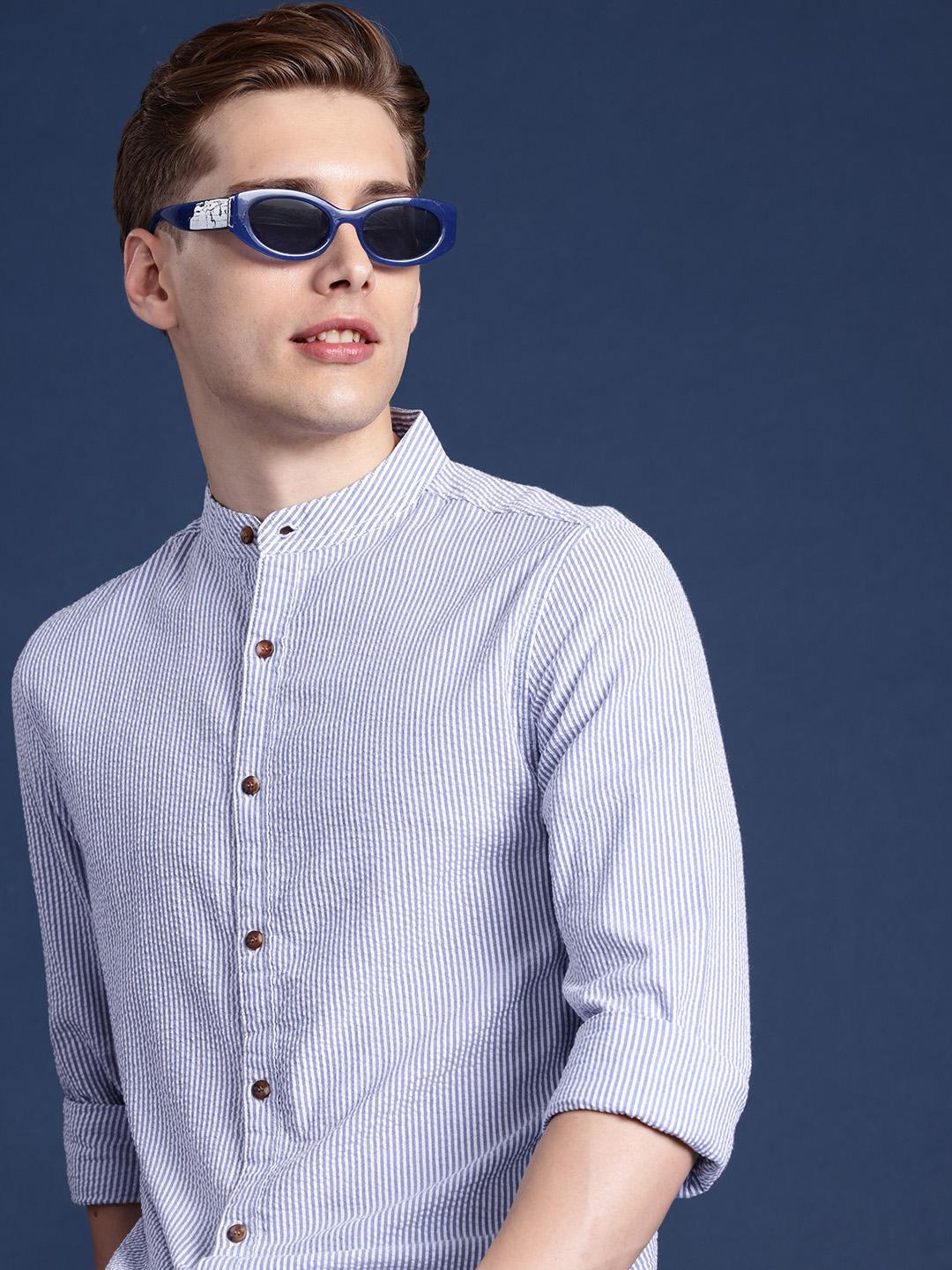 Mast & Harbour Men Striped Mandarin Collar Cotton Casual Shirt