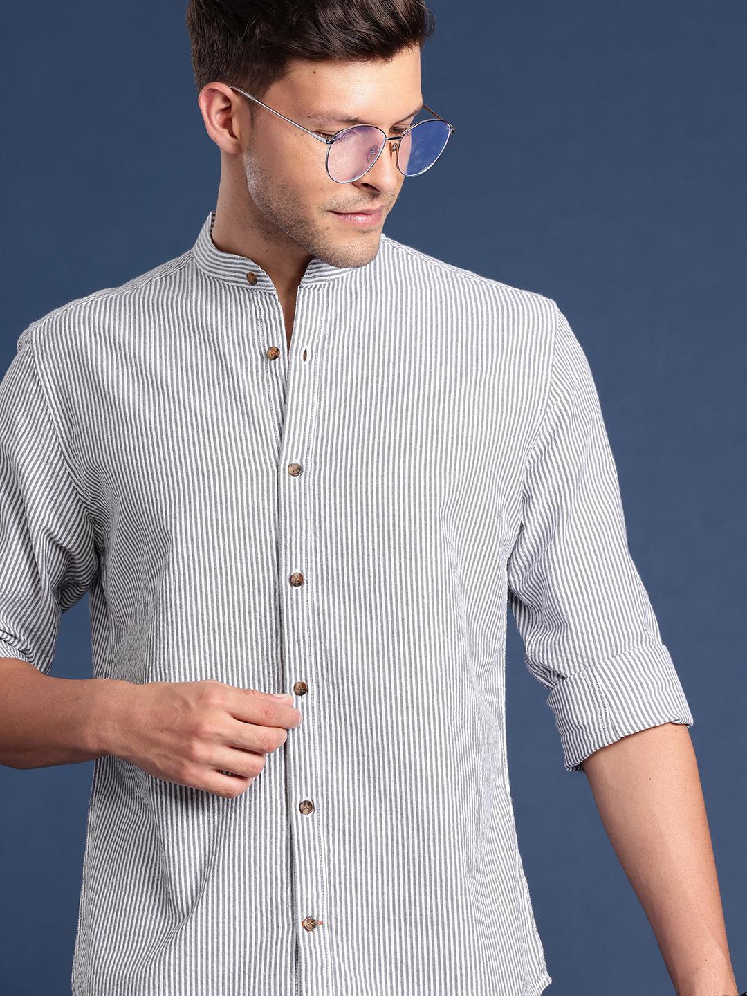 Mast & Harbour Men Striped Mandarin Collar Cotton Casual Shirt