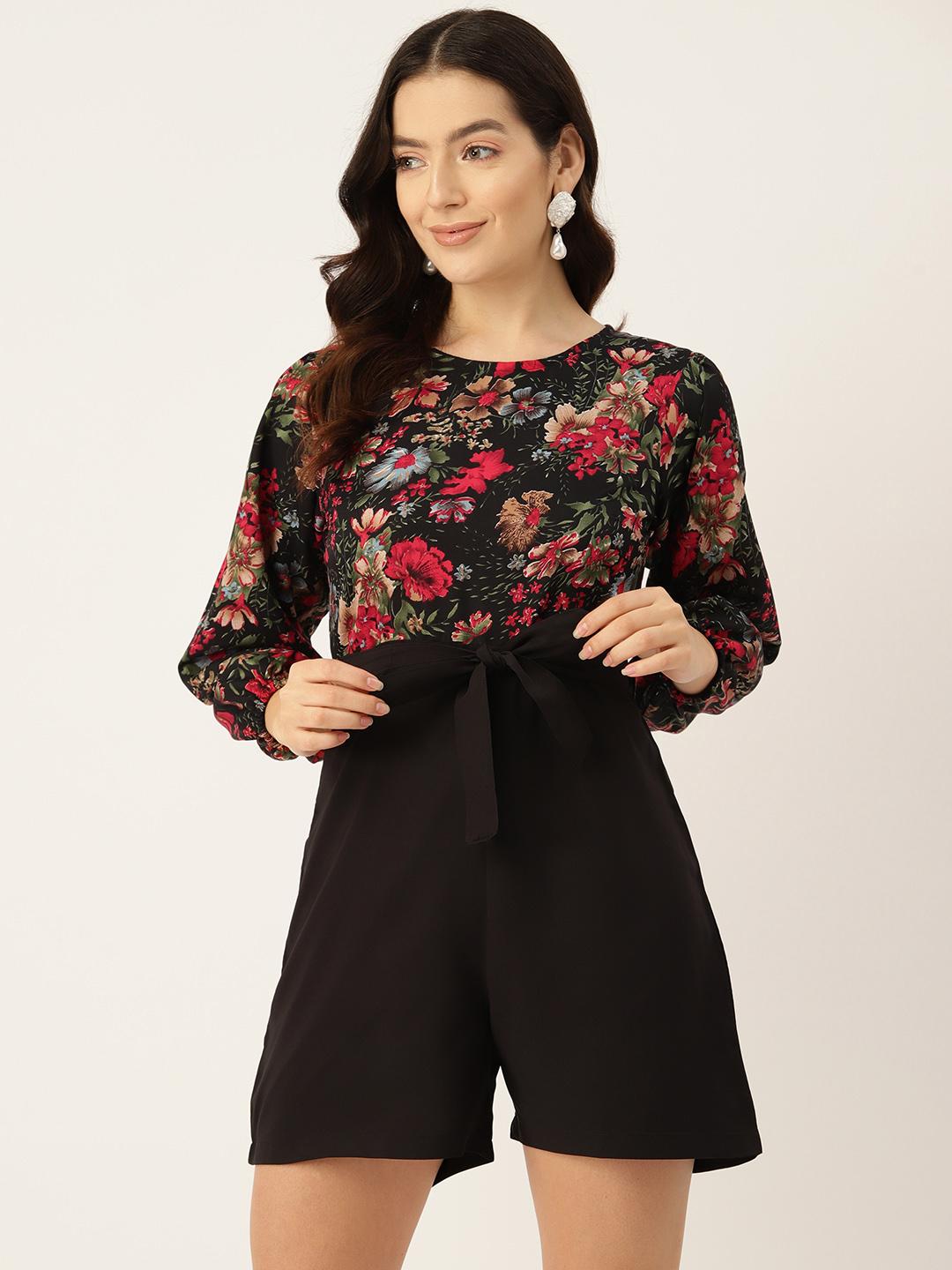 Sera Women Wine Printed Waist Tie-Ups V-Neck Playsuit Jumpsuit