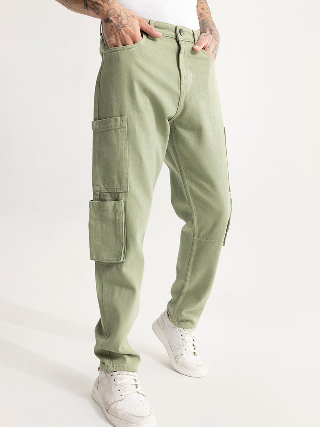 Snitch Men Green Baggy Fit Pure Cotton Cargo Jeans