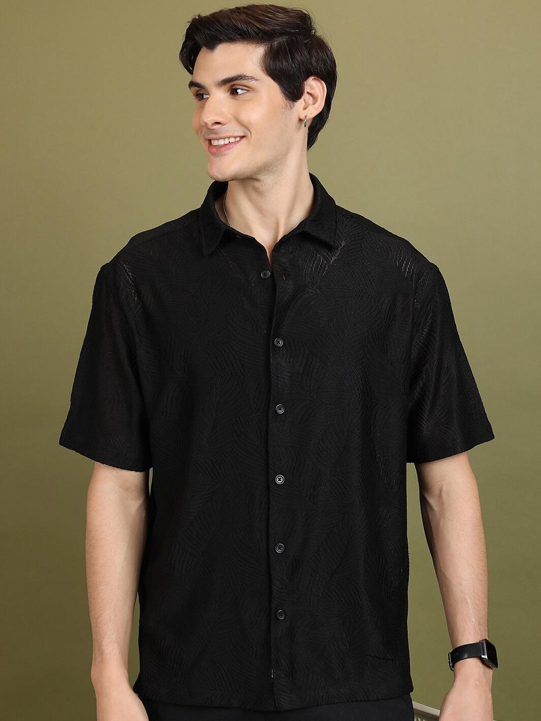HIGHLANDER Black Self Designed Cuban Collar Casual Crochet Oversized Shirt