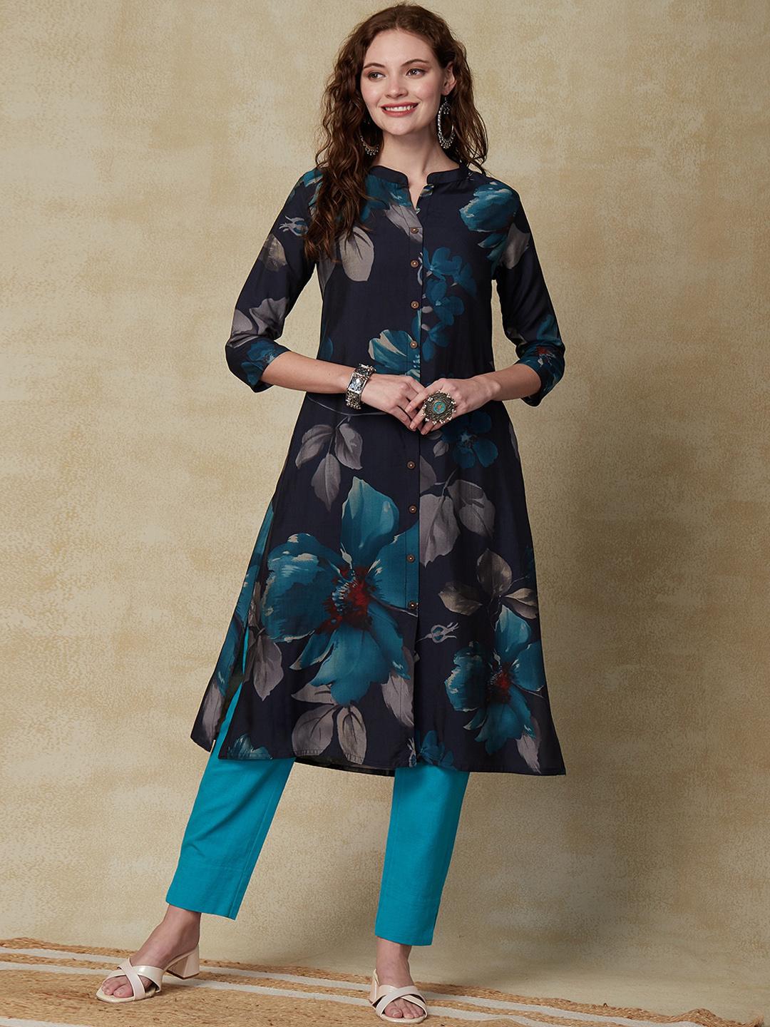Women Navy Blue Floral Embroidered A-Line Kurta