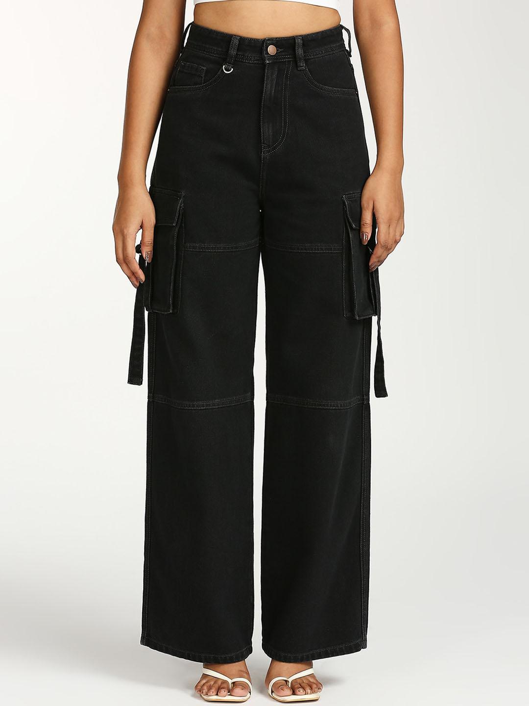 TARAMA Women Wide Leg High-Rise Clean Look Cotton Cargo Jeans